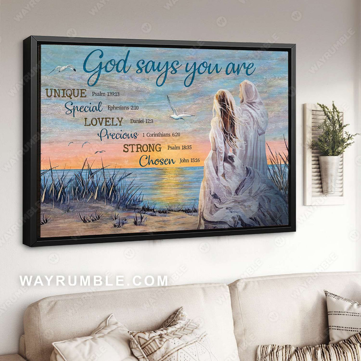 Jesus painting, Beautiful girl walks with Jesus, By the seashore, God says you are - Jesus Landscape Canvas Prints, Christian Wall Art