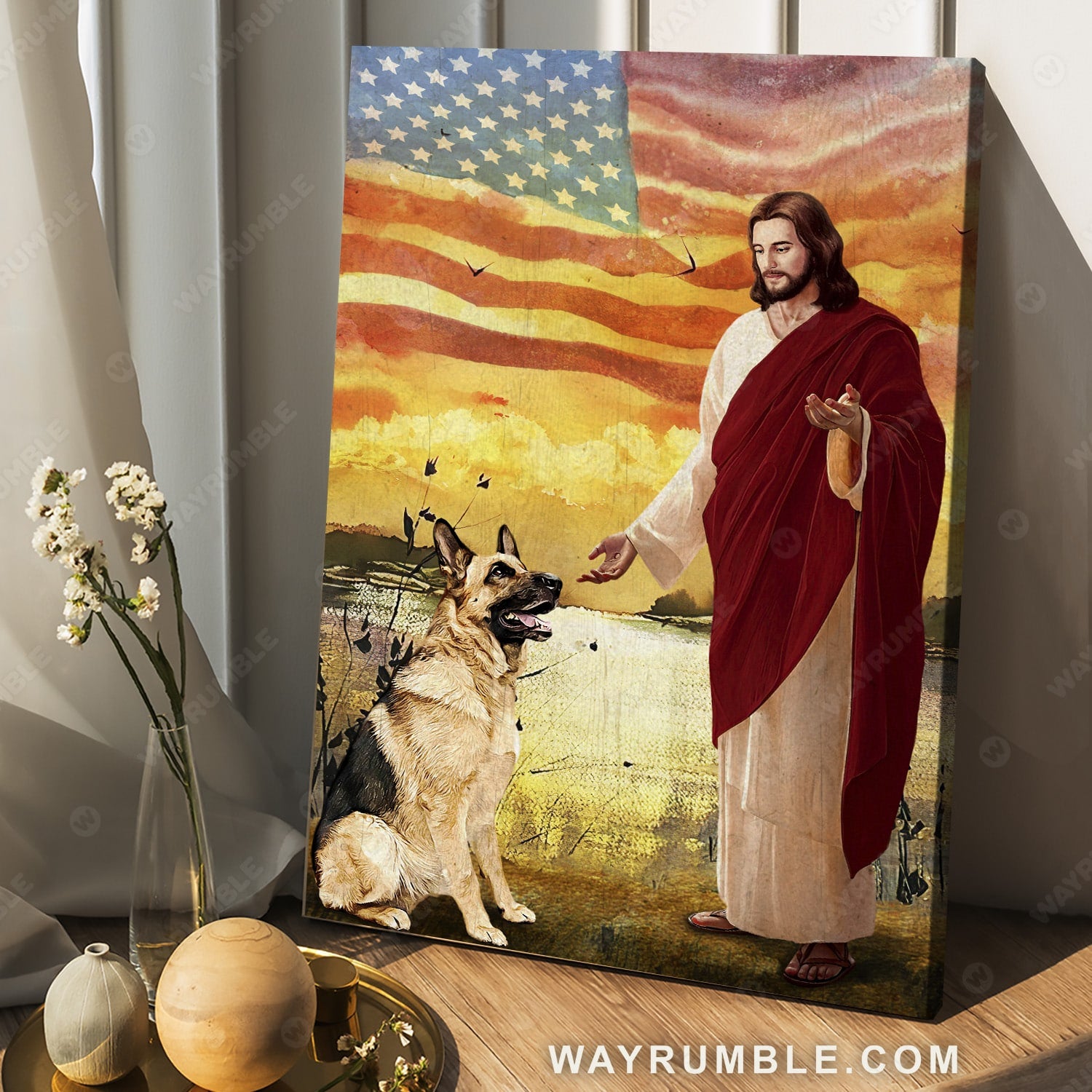 Jesus painting, German Shepherd, The US flag, A friend of Jesus - Jesus Portrait Canvas Prints, Christian Wall Art