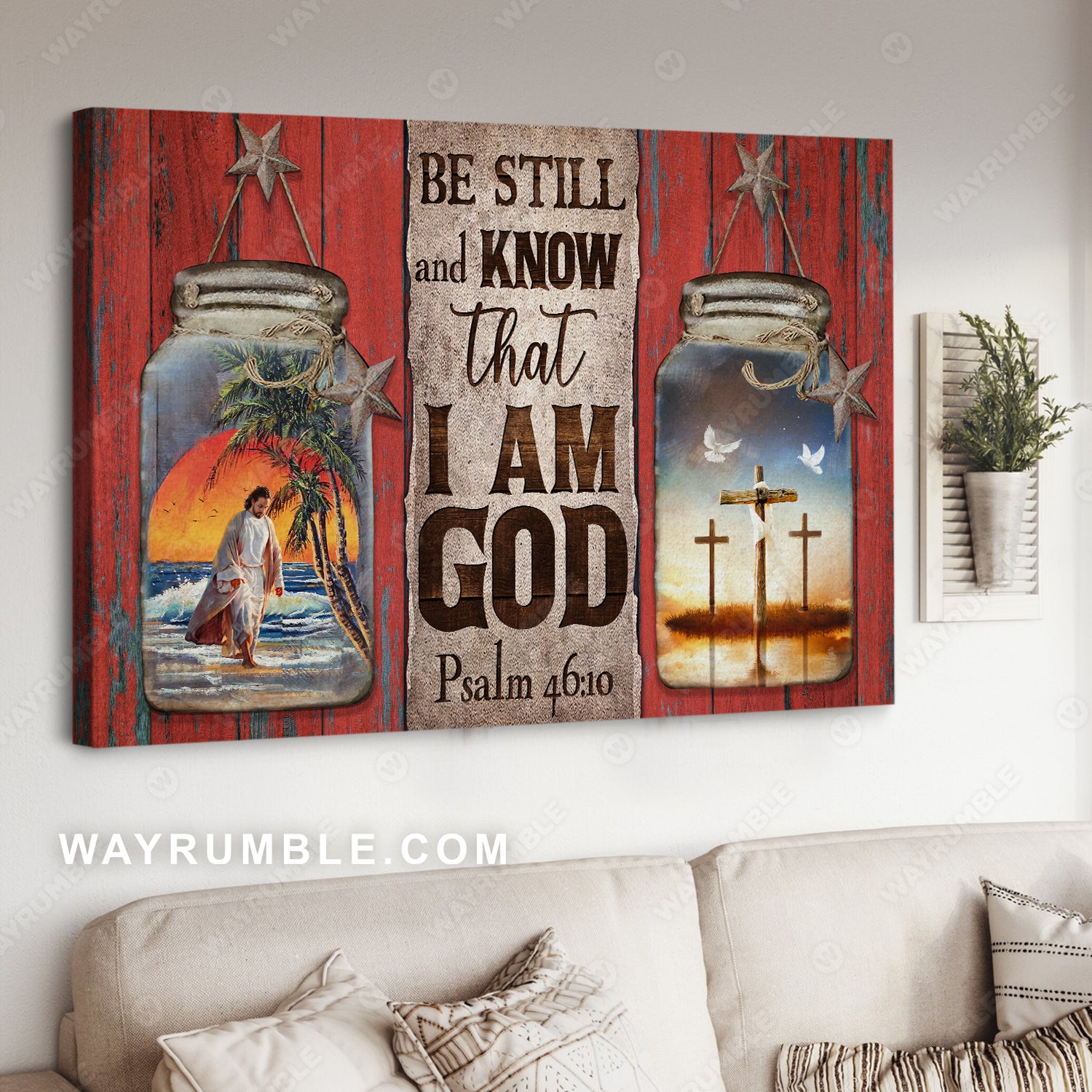 Jesus painting, Mason jar, Beautiful sunset, Be still and know that I am God - Jesus Landscape Canvas Prints, Christian Wall Art