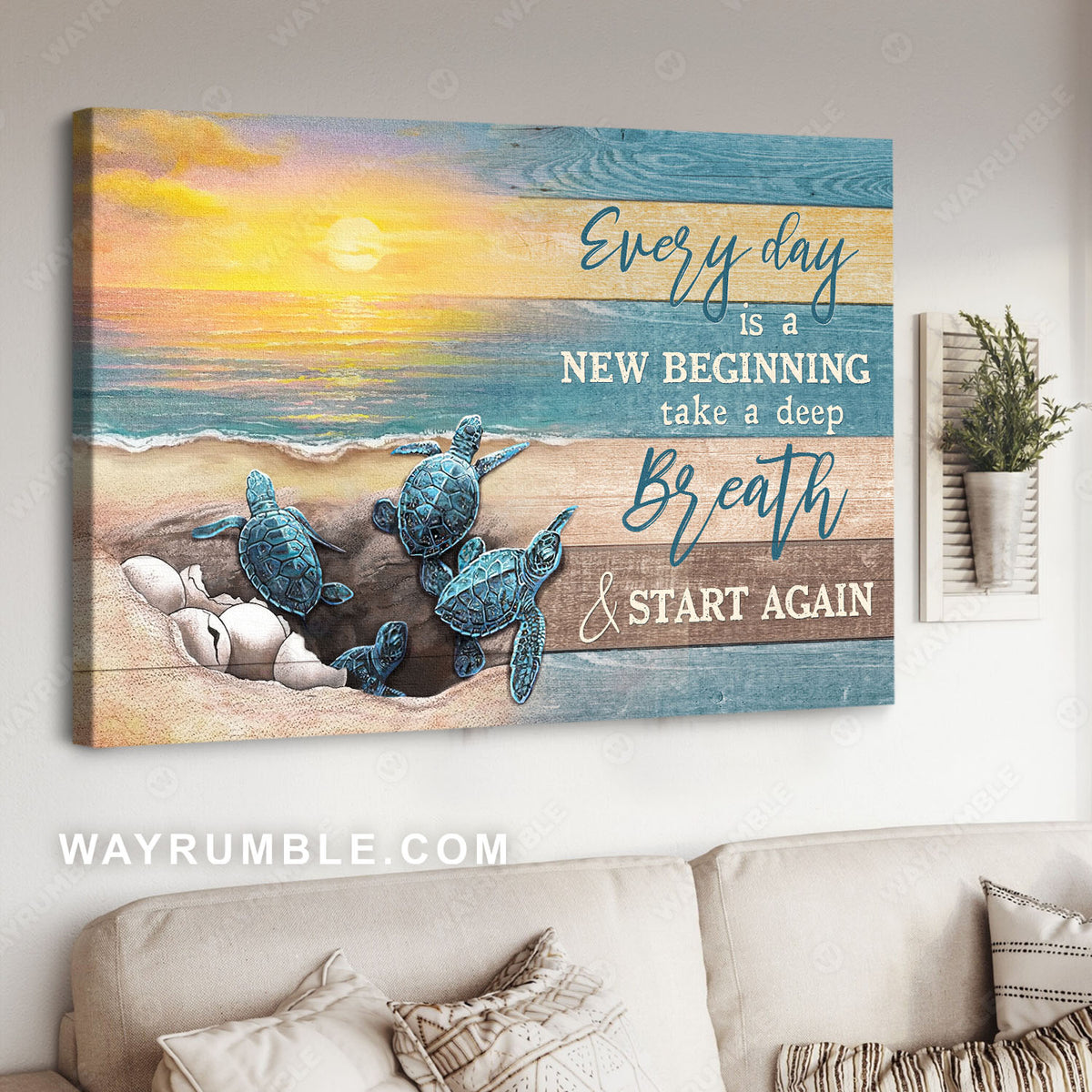 Sea turtle, Sunrise on the beach, Everyday is a new beginning - Jesus Landscape Canvas Prints, Christian Wall Art