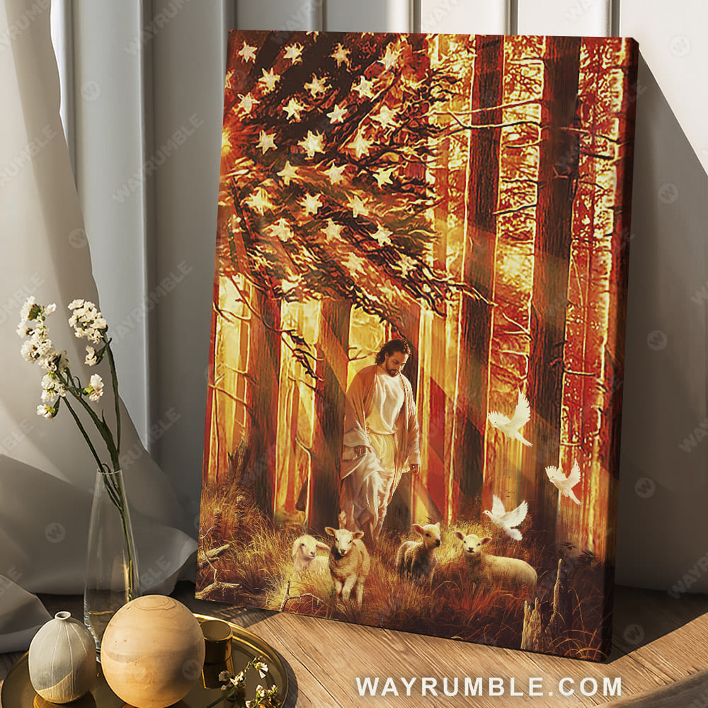 Jesus painting, Walking with the lambs - Jesus, US Flag Portrait Canvas Prints, Wall Art