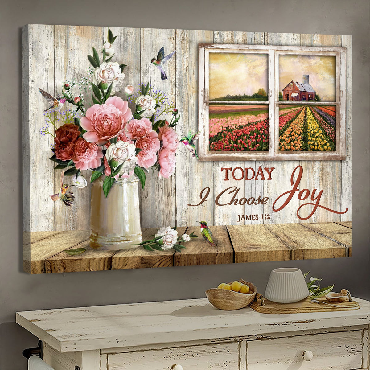Rose painting, Wooden window, Hummingbird drawing, Today I choose joy - Jesus Landscape Canvas Prints, Wall Art