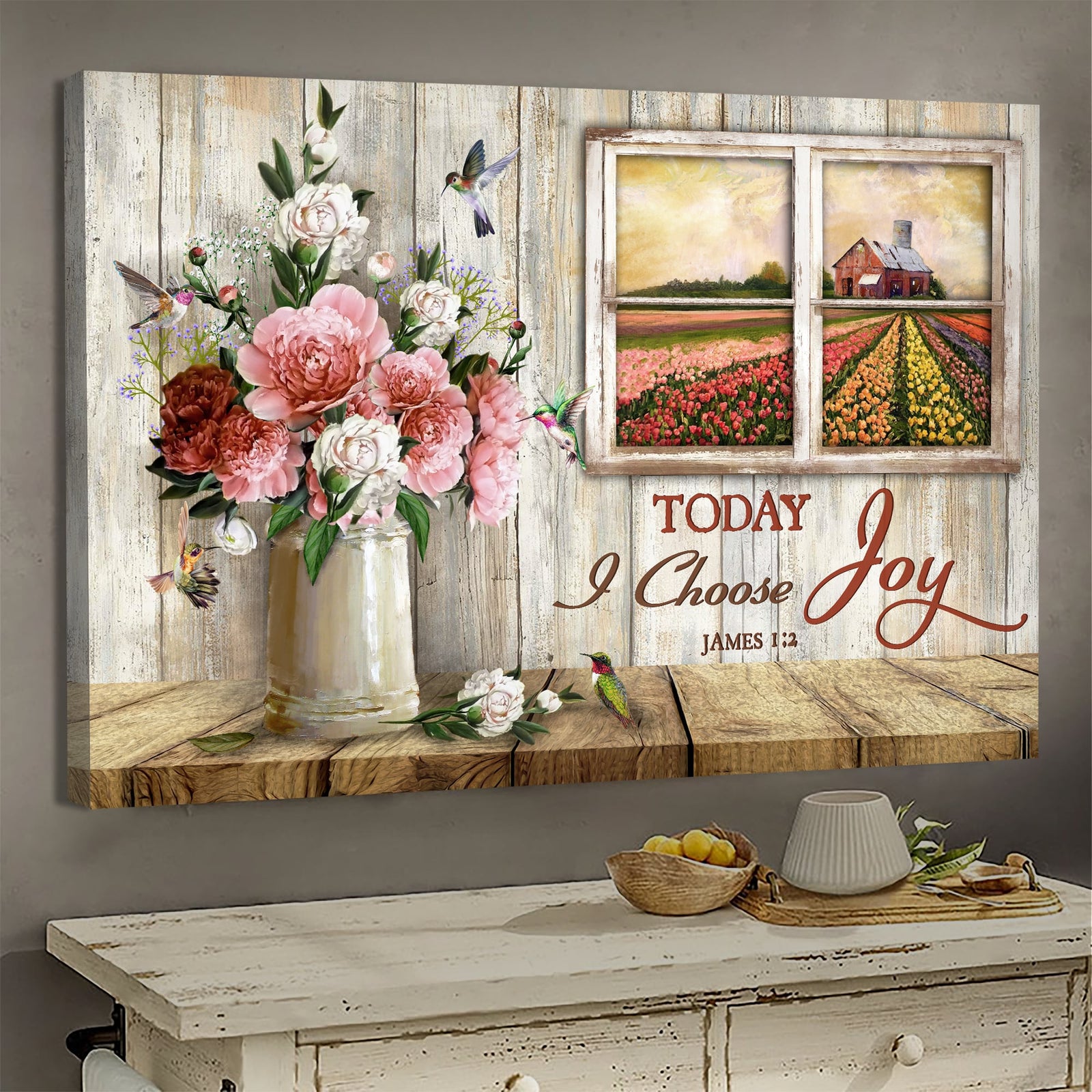 Rose painting, Wooden window, Hummingbird drawing, Today I choose joy - Jesus Landscape Canvas Prints, Wall Art