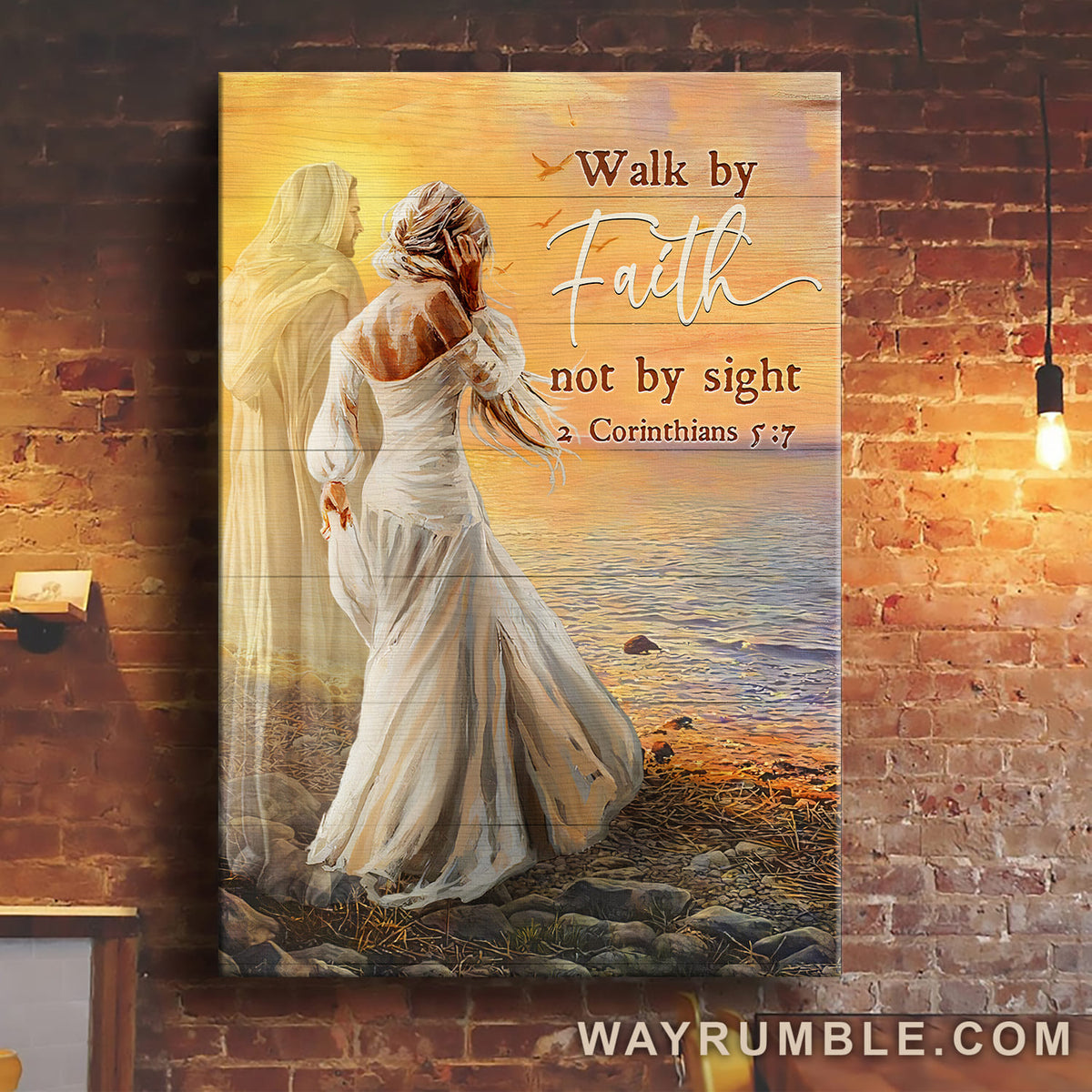 Beautiful lady, walking with Jesus, Sea sunset, Walk by faith not by sight - Jesus Portrait Canvas Prints, Wall Art