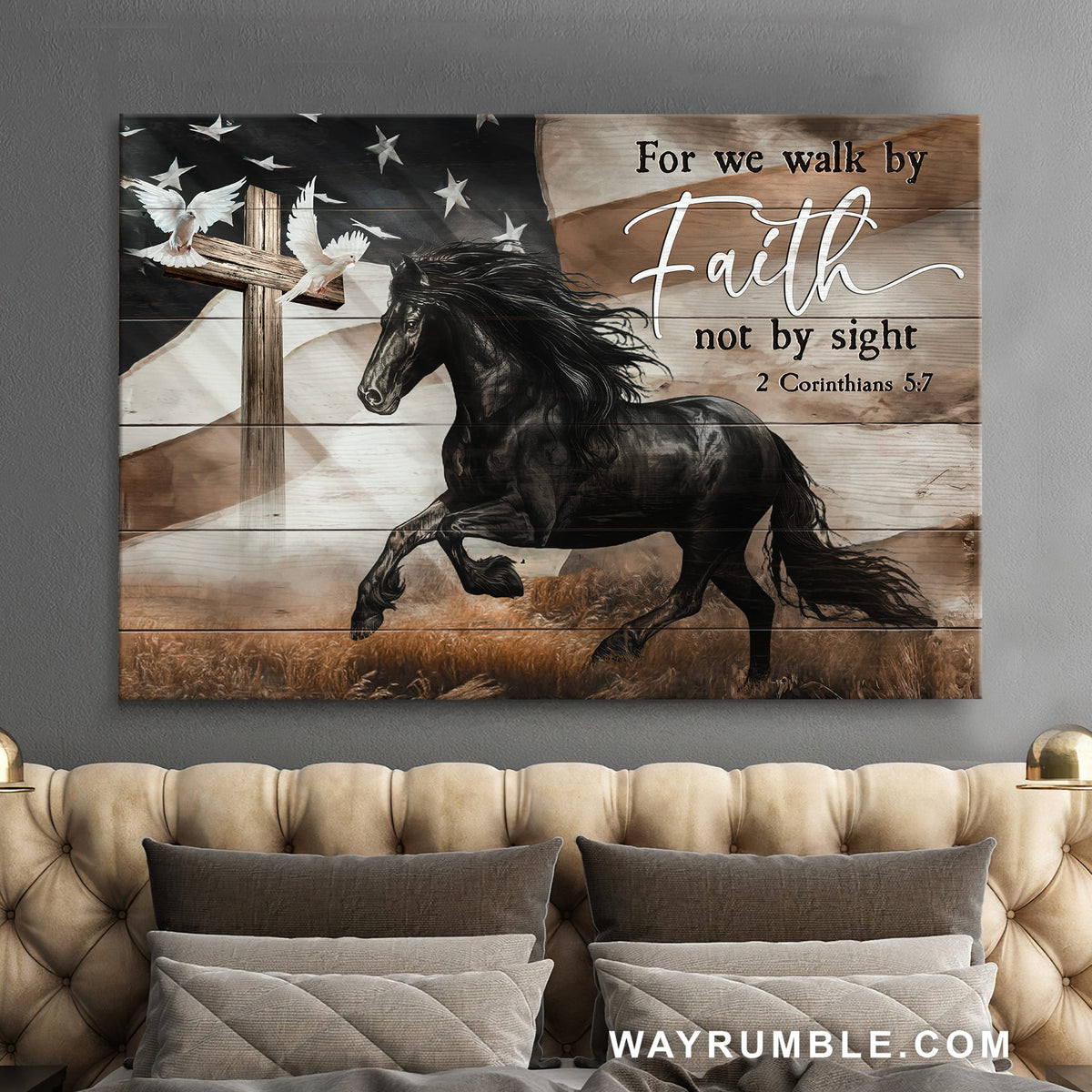 Black horse, The US flag, Dove, Wooden Cross, For we walk by faith - Jesus Landscape Canvas Prints, Wall Art