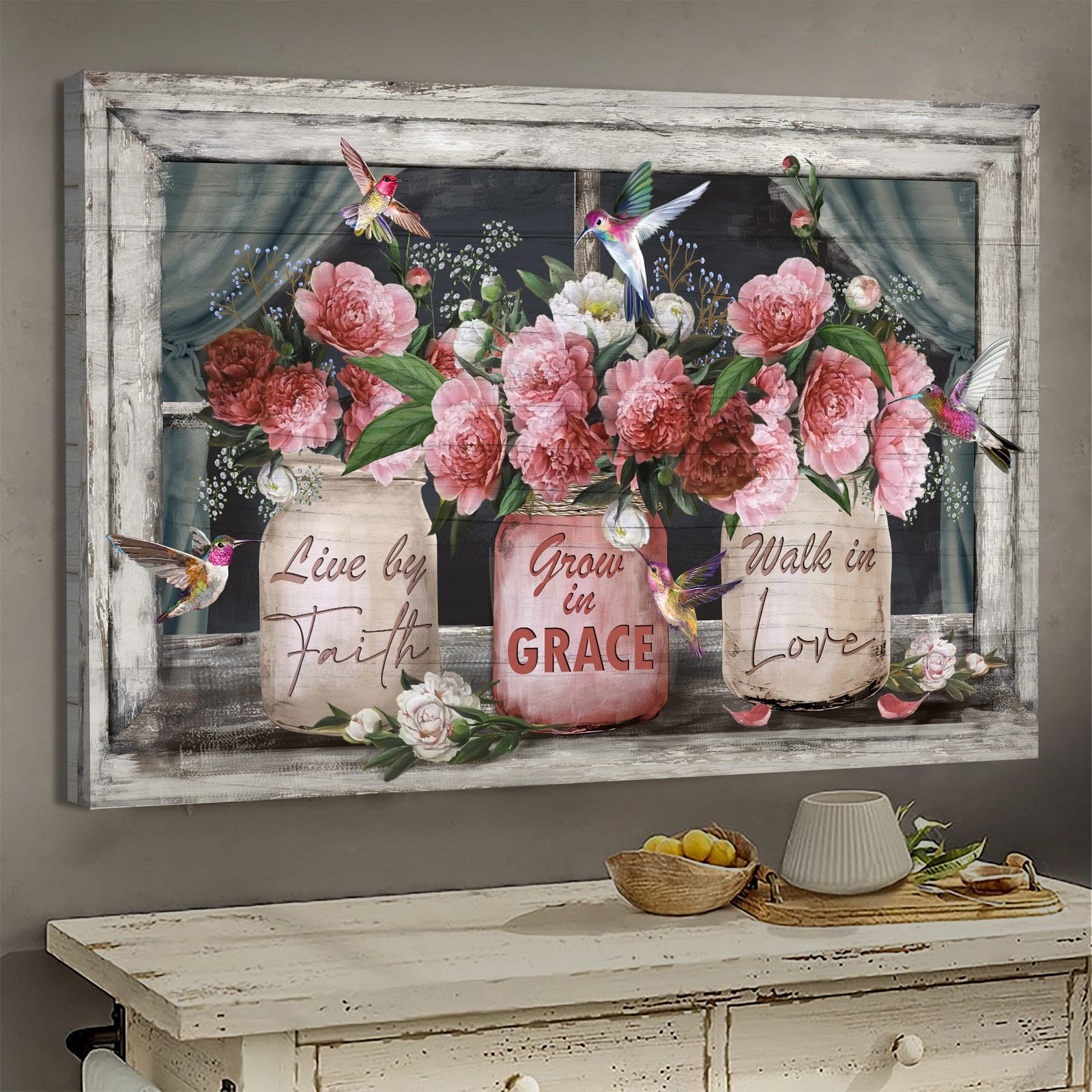 Jesus, Rose jar, Hummingbird, By the window, Live by faith - Jesus Landscape Canvas Prints, Wall Art