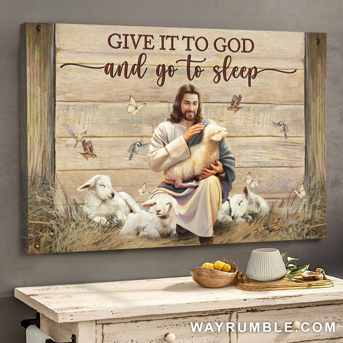 Lambs, Butterfly, Hummingbird, Give it to God and go to sleep - Jesus Landscape Canvas Prints, Wall Art