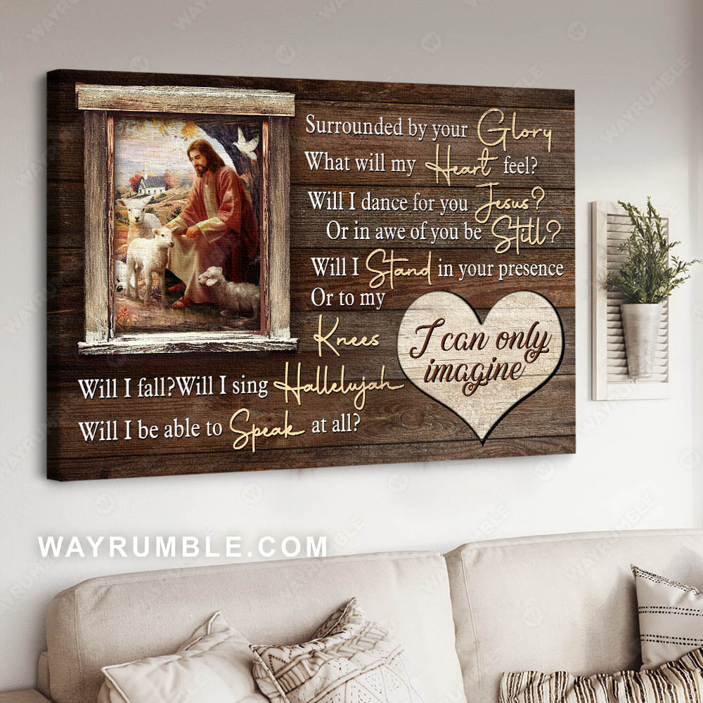 Wooden background, Jesus painting, Jesus and the lambs of God, I can only imagine - Jesus Landscape Canvas Prints, Christian Wall Art