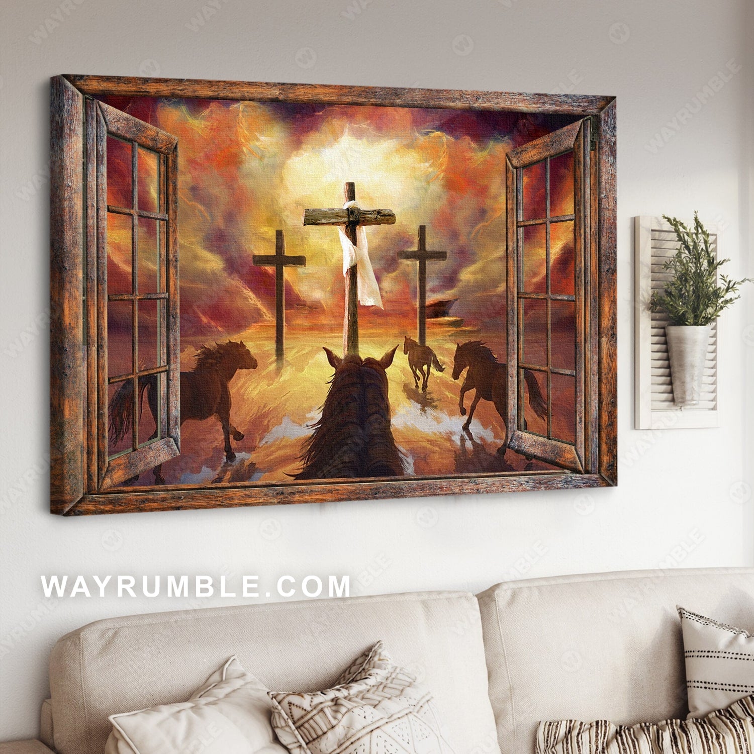 Running horses, Heaven's light, The three cross, Run to heaven - Jesus Landscape Canvas Prints, Christian Wall Art