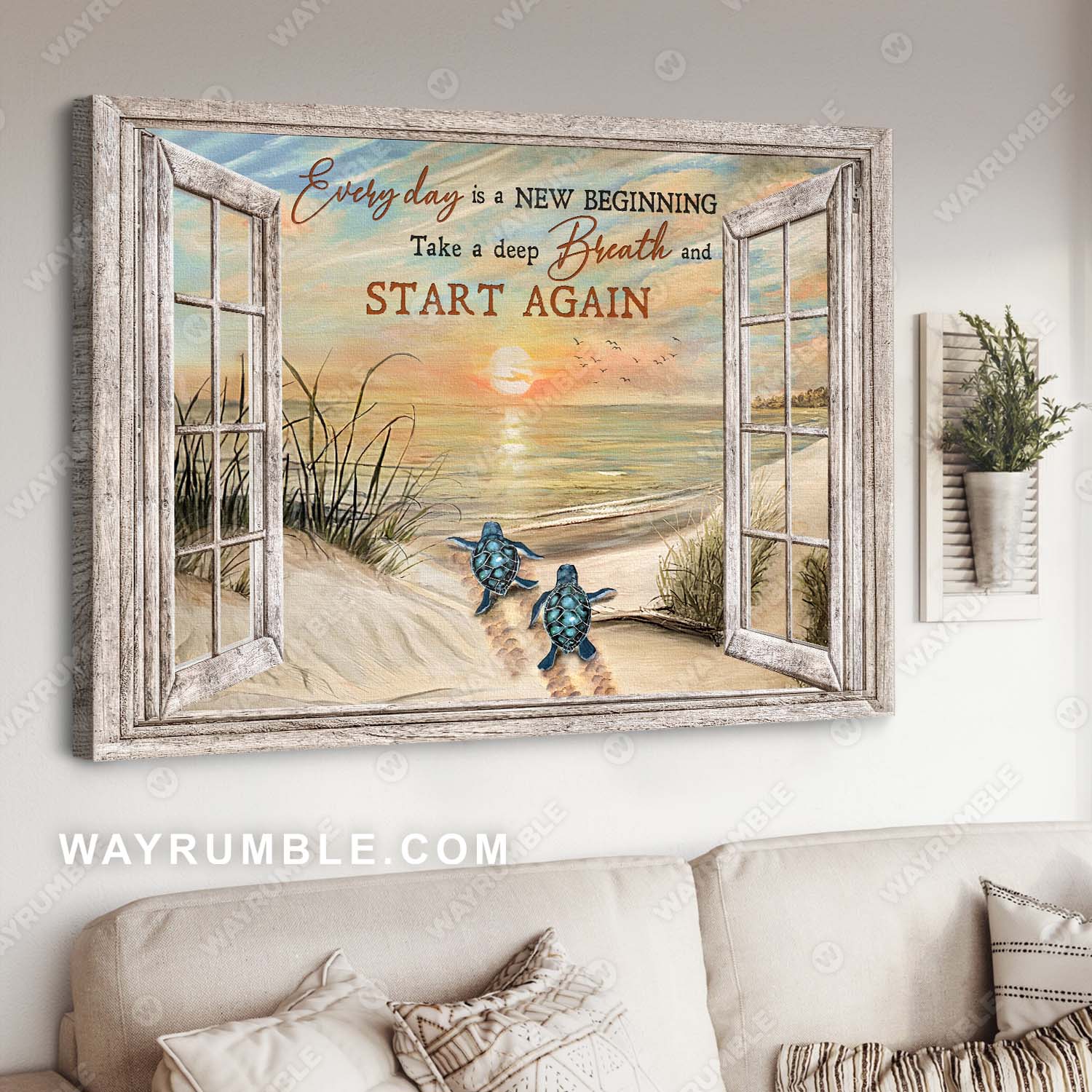 Sea Turtle, Sunrise on the beach, Every day is a new beginning - Jesu Landscape Canvas Prints, Wall Art