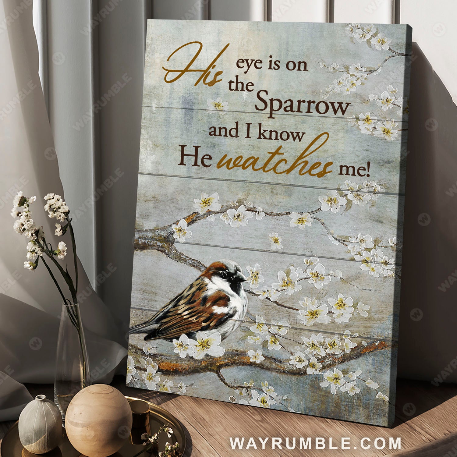 Sparrow painting, Spring tree, White cherry blossom, I know he watches me - Jesus Portrait Canvas Prints, Christian Wall Art
