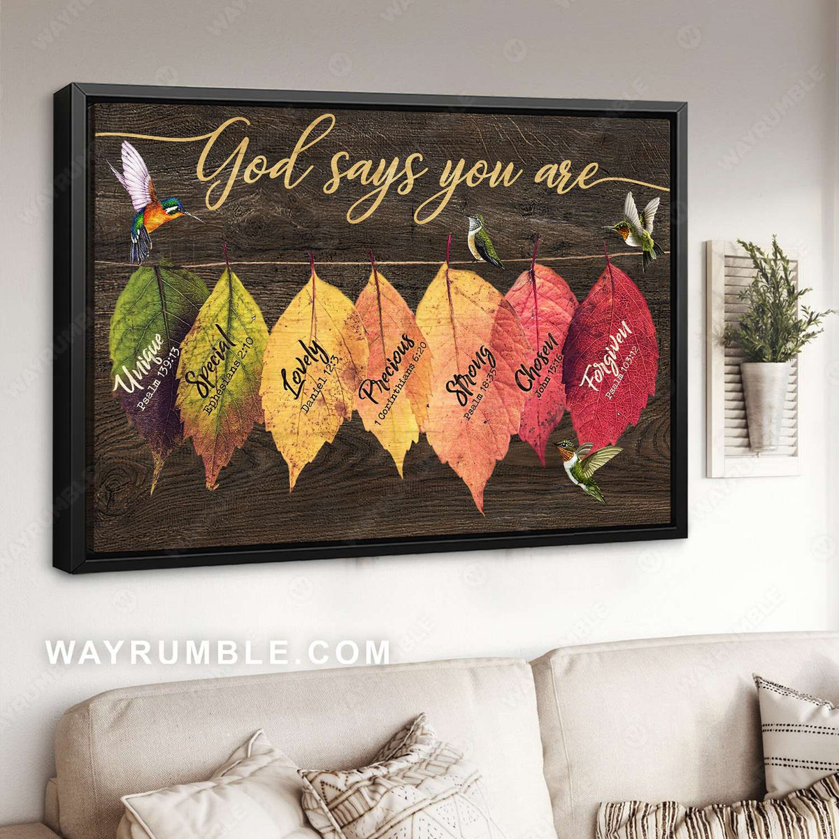 Hummingbird, Autumn leaves, God says you are - Jesus Landscape Canvas Prints, Wall Art