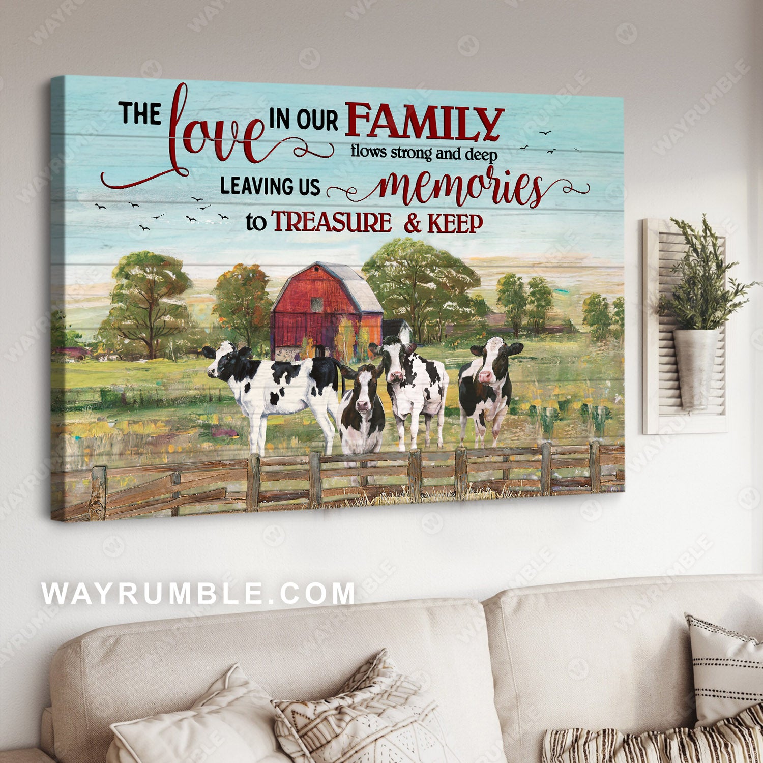 Cow painting, Farm landscape, Barn house painting, Countryside landscape, The love in our family flow strong and deep - Jesus Landscape Canvas Prints, Christian Wall Art