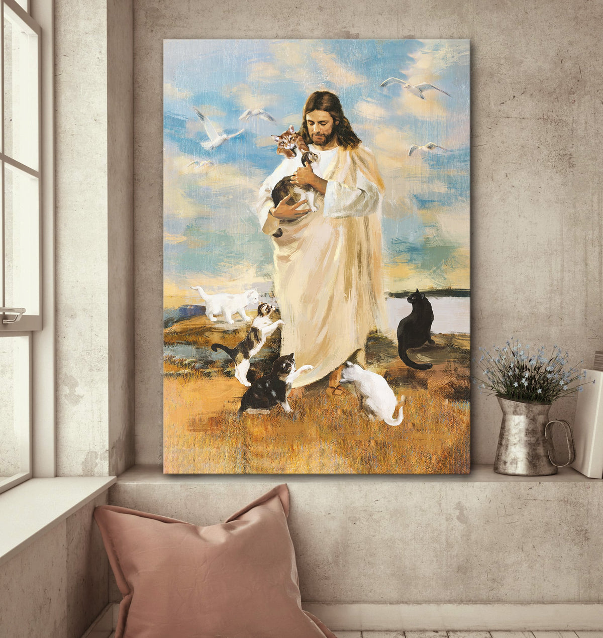 Jesus Painting, Cats, Seagull, Peaceful Landscape - Jesus Portrait Canvas Prints, Wall Art