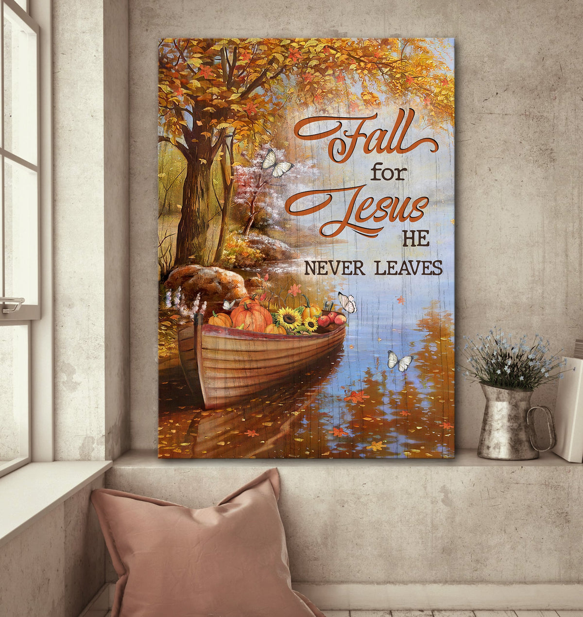 Pumpkin boat, On the river, Autumn tree, Butterfly, Fall for Jesus He never leaves - Jesus Portrait Canvas Prints, Wall Art