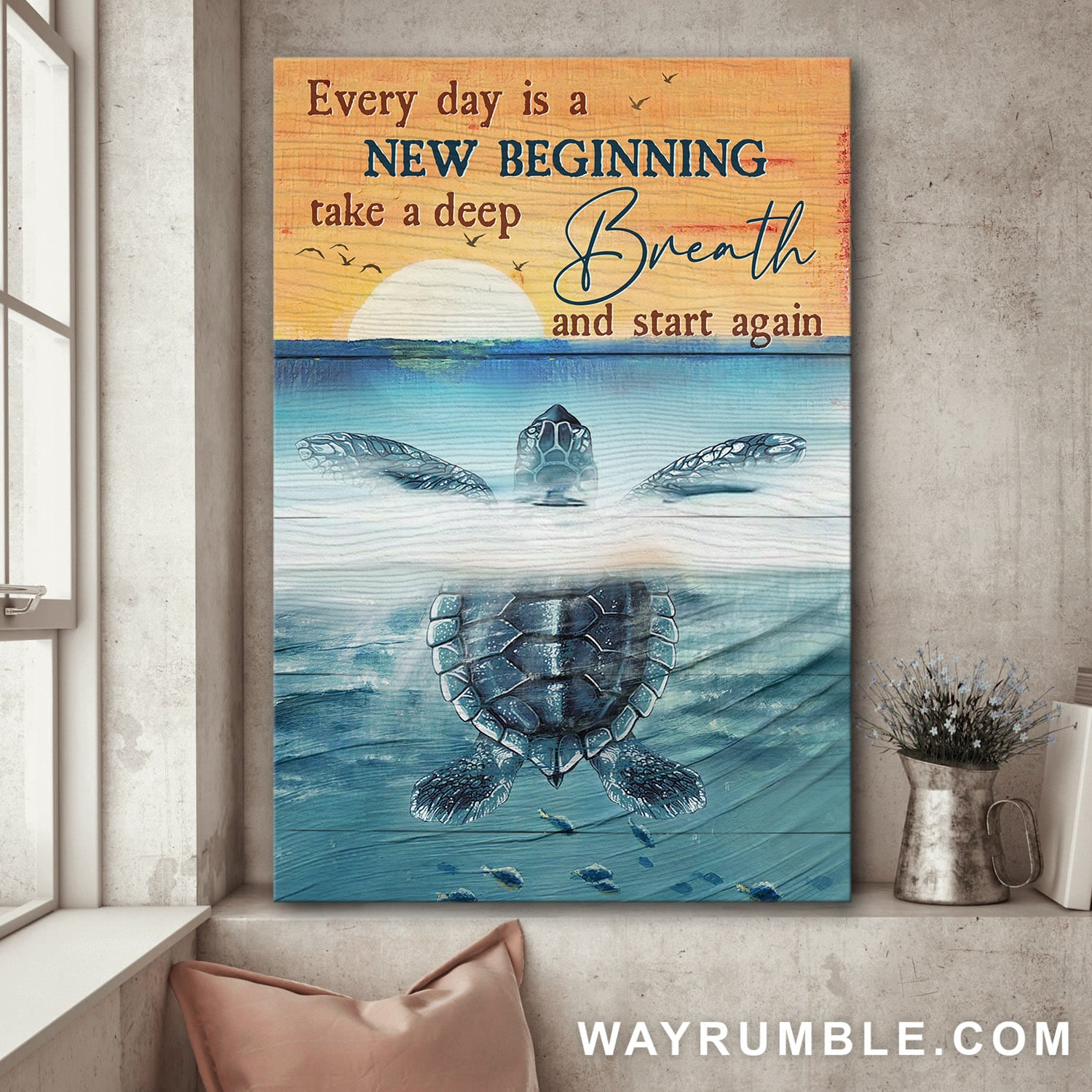 Turtle, In the ocean, Horizon, Every day is a new beginning - Jesus Portrait Canvas Prints, Wall Art