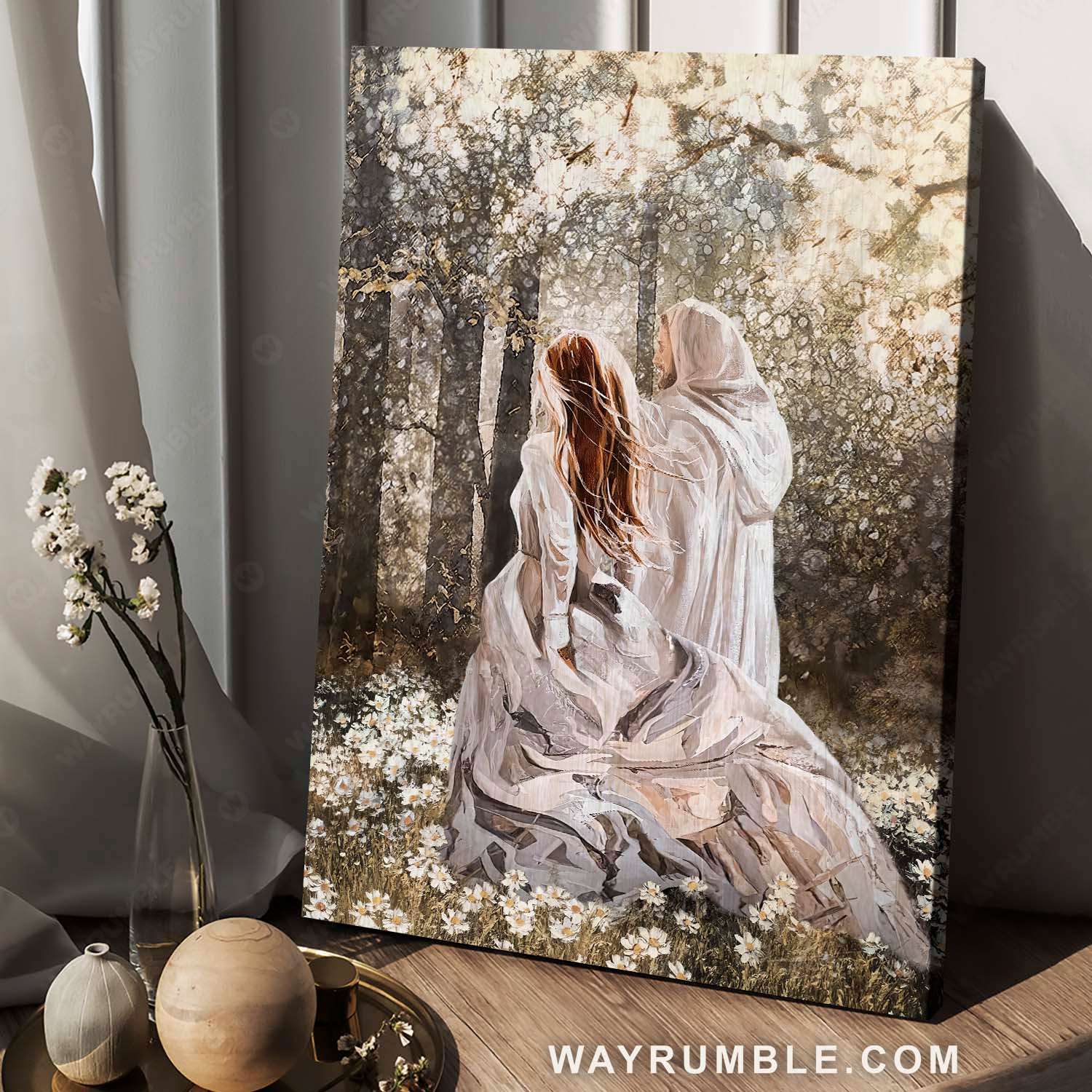 Walking with Jesus, Beautiful girl painting, In the forest, Among the flower field - Jesus Portrait Canvas Prints, Christian Wall Art