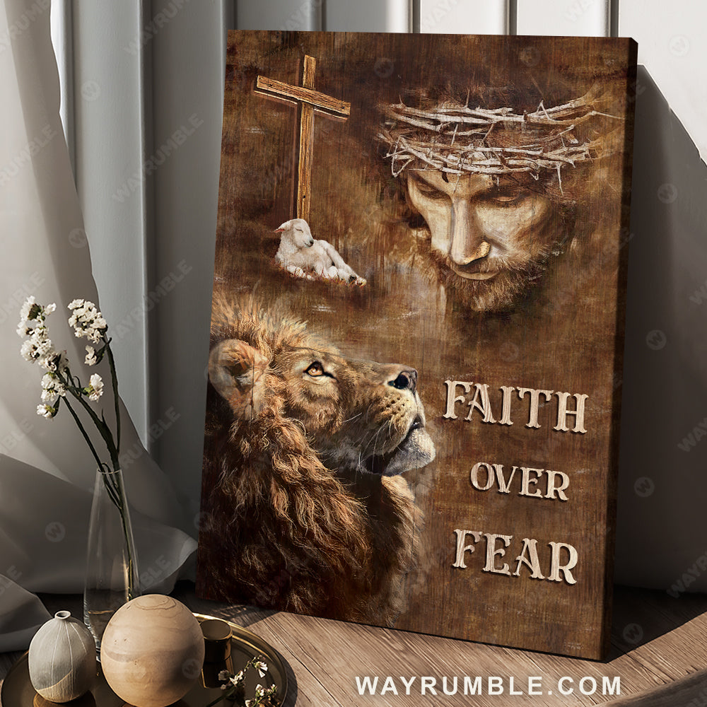 Lion of Judah, Jesus painting, The rugged cross and the lamb, Faith over fear - Jesus Portrait Canvas Prints, Christian Wall Art