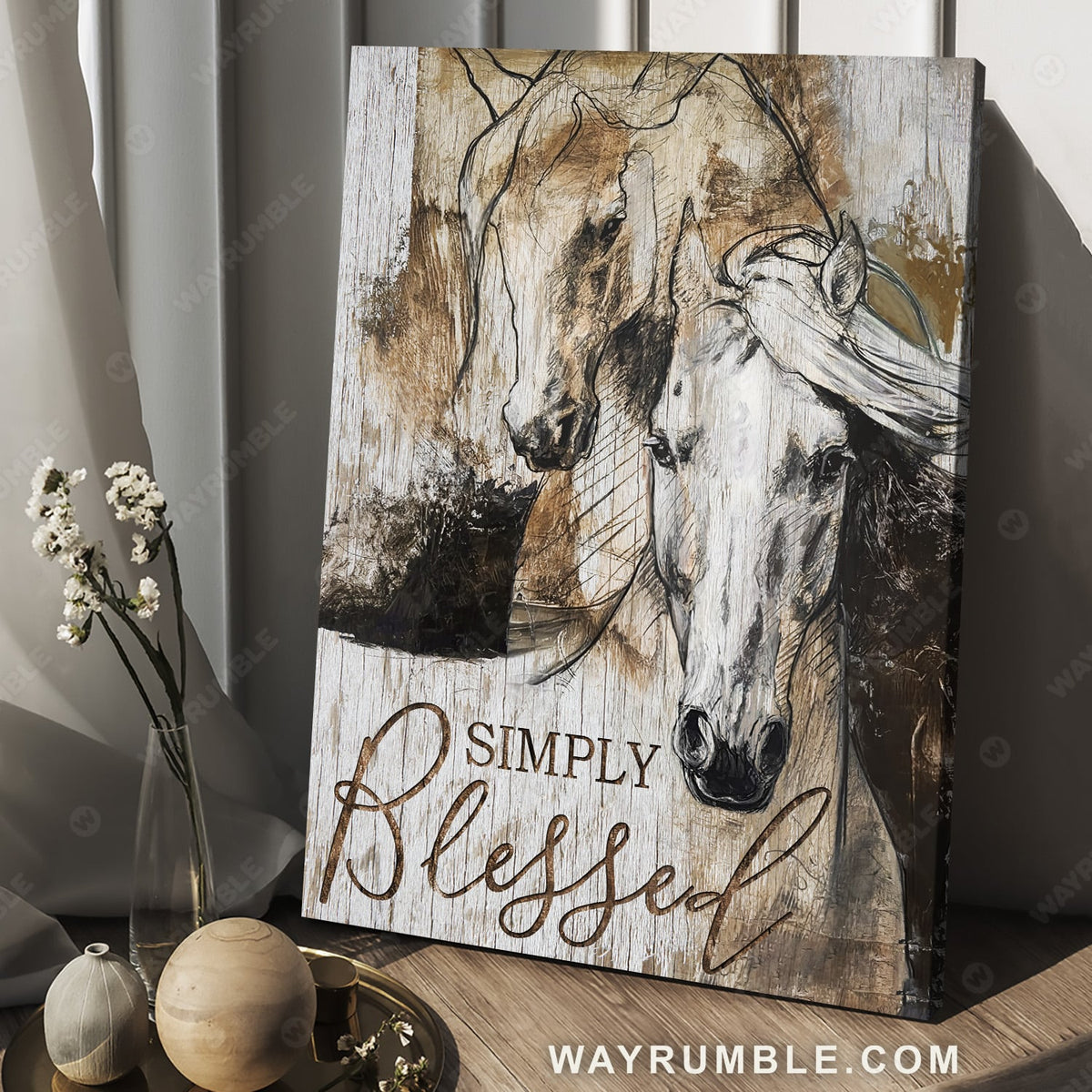Horse painting, A white horse couple, Simply Blessed - Jesus Portrait Canvas Prints, Christian Wall Art