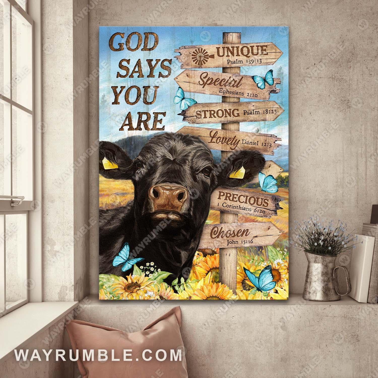 Black cow, Sunflower field painting, God says you are unique - Jesus Portrait Canvas Prints, Wall Art
