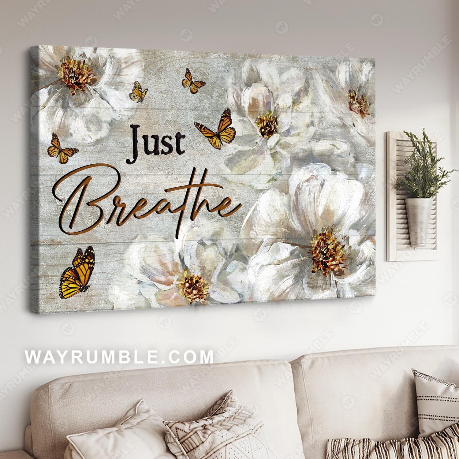 White flower painting, Yellow butterfly, Vintage painting, Just breathe - Jesus Landscape Canvas Prints, Christian Wall Art