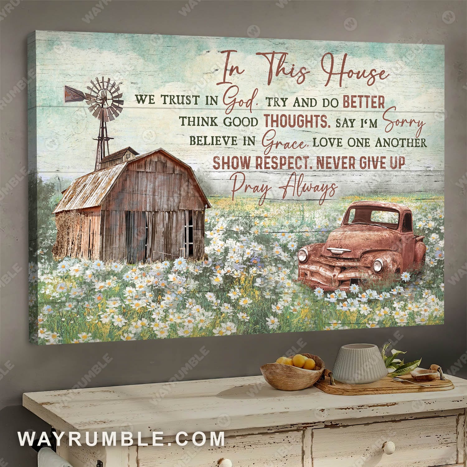 Old barn painting, Daisy field, In this house we trust in God - Jesus Landscape Canvas Prints, Wall Art