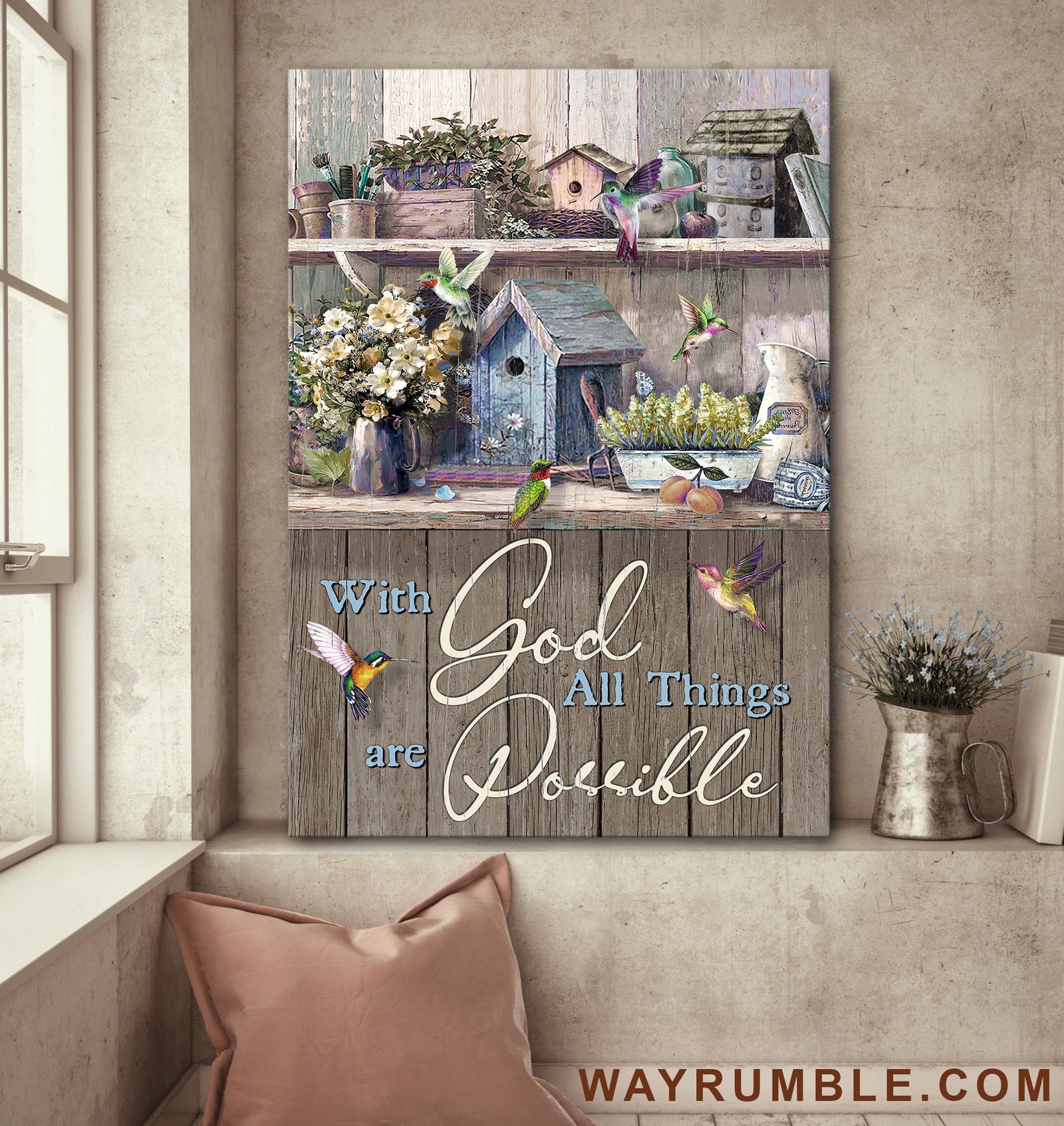 Vintage Kitchen, With God all things are possible - Jesus Flowers Hummingbird Portrait Canvas Prints, Wall Art