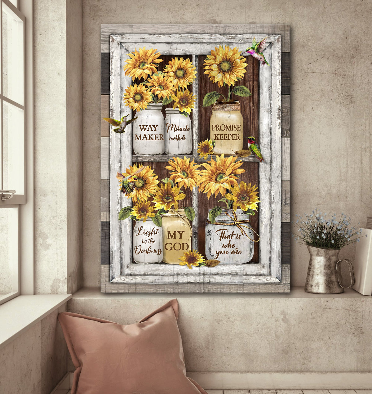 Sunflower, Hummingbird, By the window, My God is the light in the darkness - Jesus Portrait Canvas Prints, Wall Art