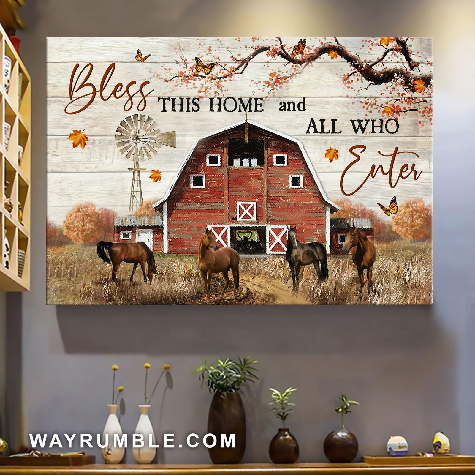 Horses, Tranquil farm, Autumn tree, Butterfly, Bless this home & all who enter - Jesus Landscape Canvas Prints, Wall Art