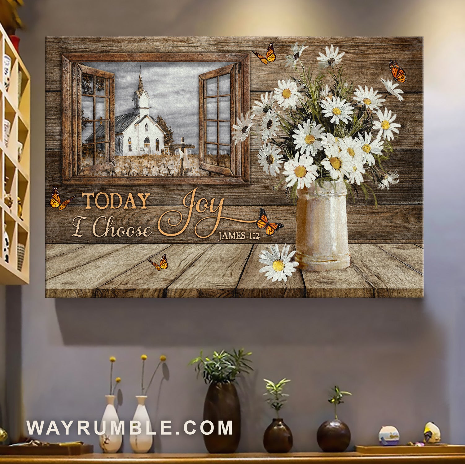 Vintage drawing, Daisy vase, Beautiful church, Today I choose joy - Jesus Landscape Canvas Prints, Home Decor Wall Art