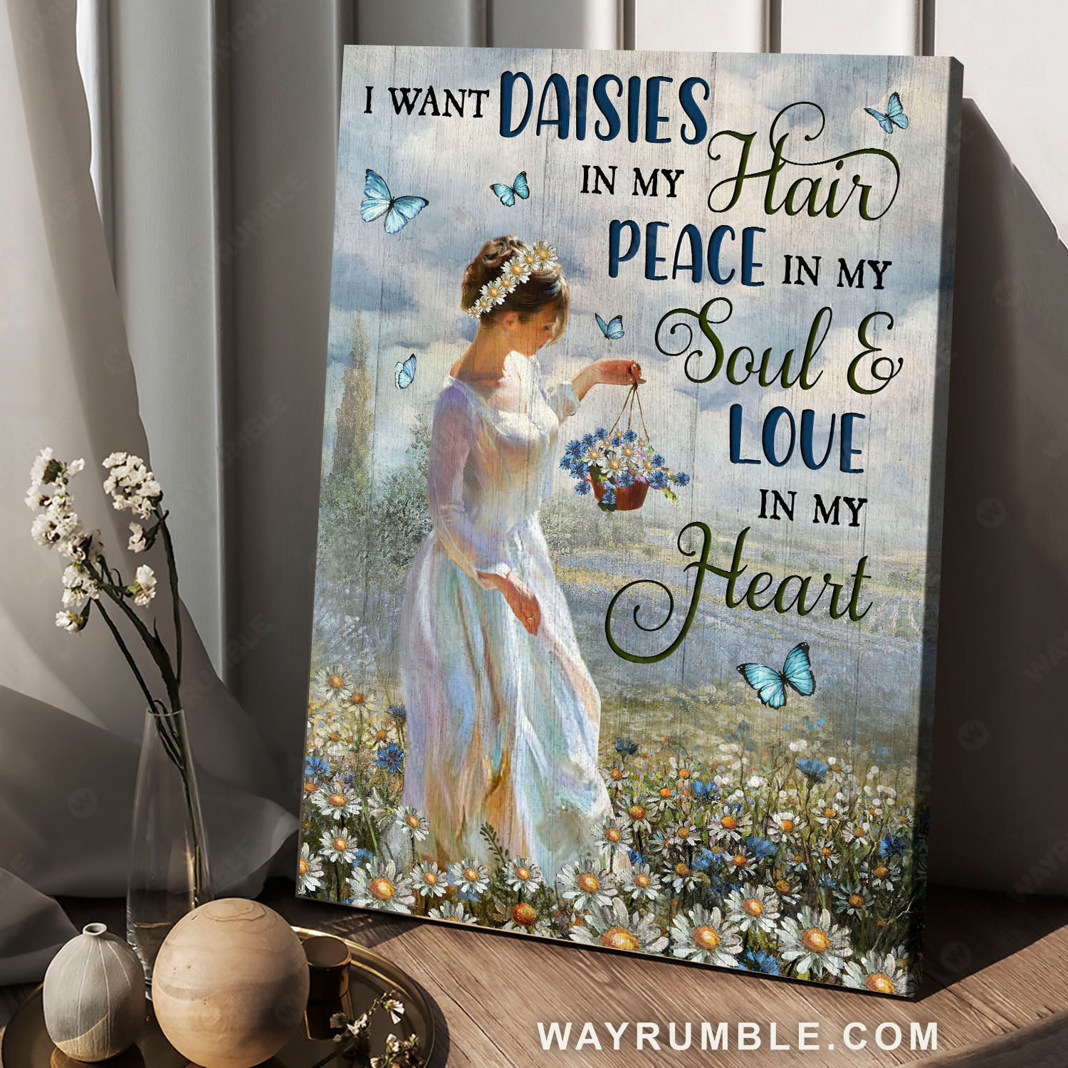 Beautiful girl, Daisy field, Blue butterfly, I want daisies in my hair - Jesus Portrait Canvas Prints, Christian Wall Art