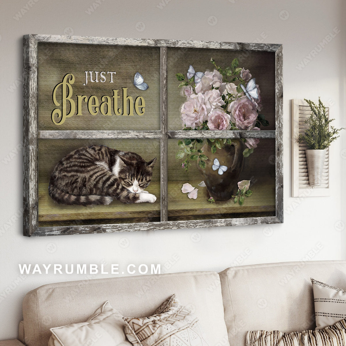 Sleeping cat, Light pink rose, Butterfly, Just breathe - Jesus Landscape Canvas Prints, Christian Wall Art