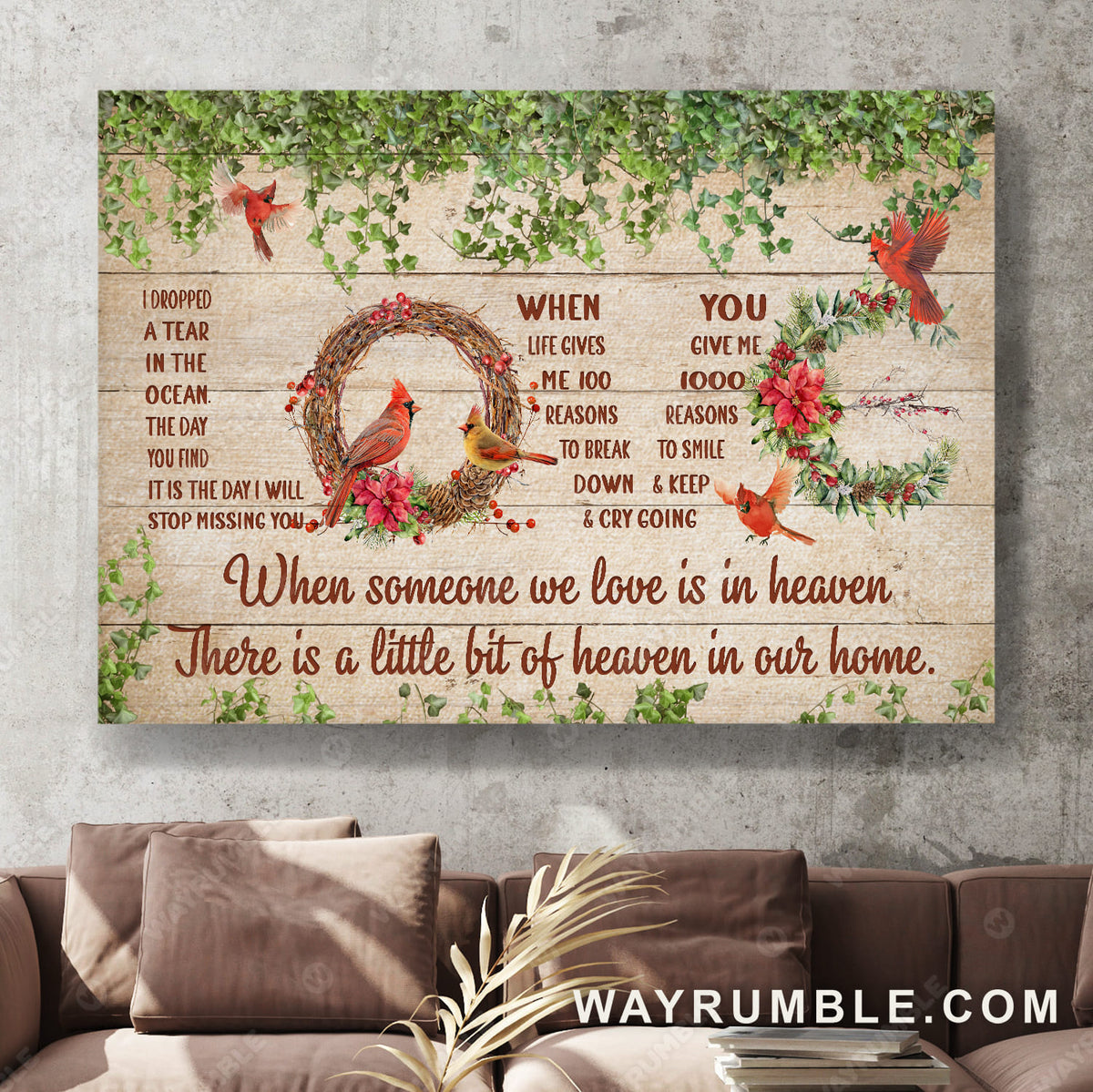 Cardinal drawing, Christmas wreath, There is a little bit of heaven in our home - Jesus Landscape Canvas Prints, Christian Wall Art