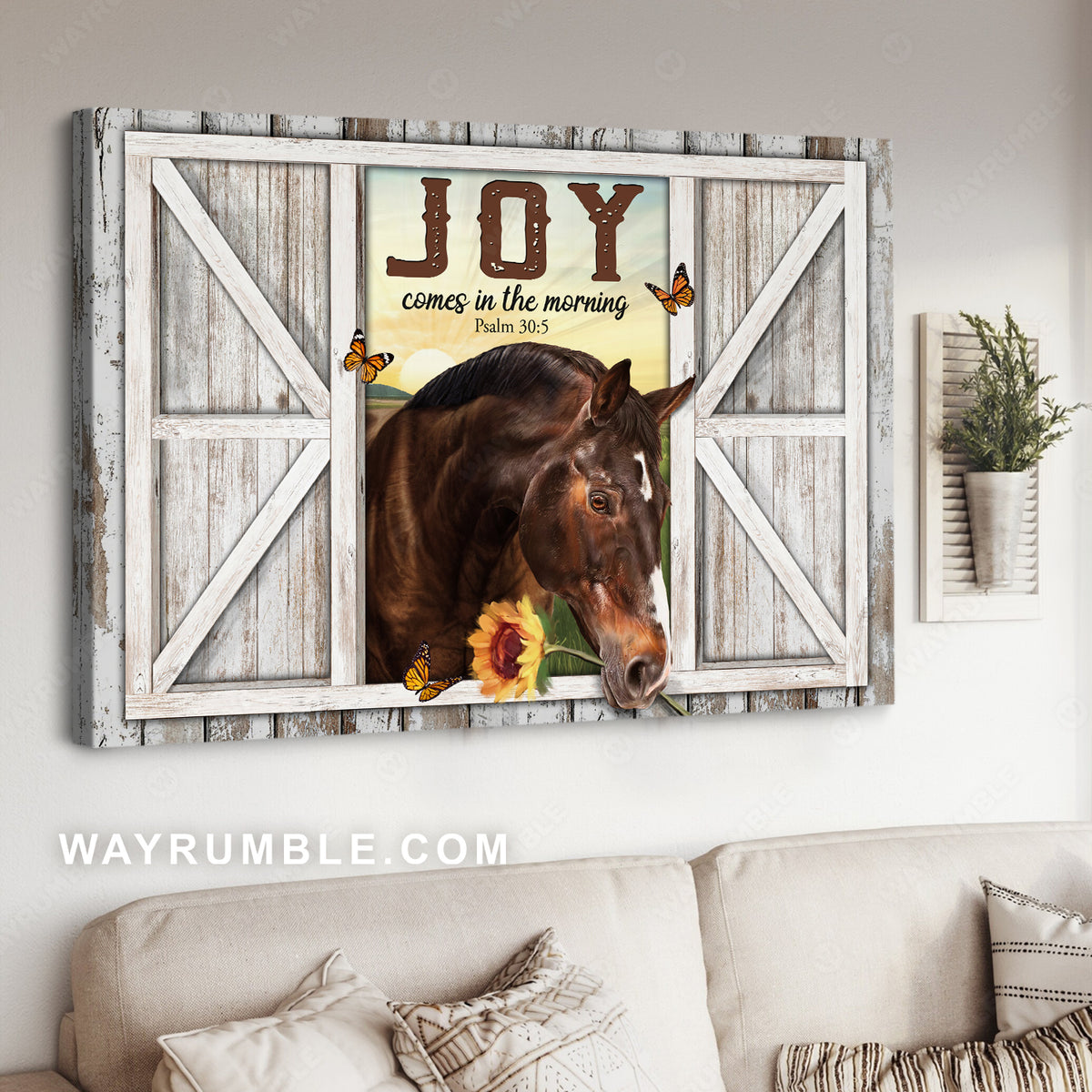 Brown horse, Sunflower drawing, Monarch butterfly, Joy comes in the morning - Jesus Landscape Canvas Prints, Christian Wall Art