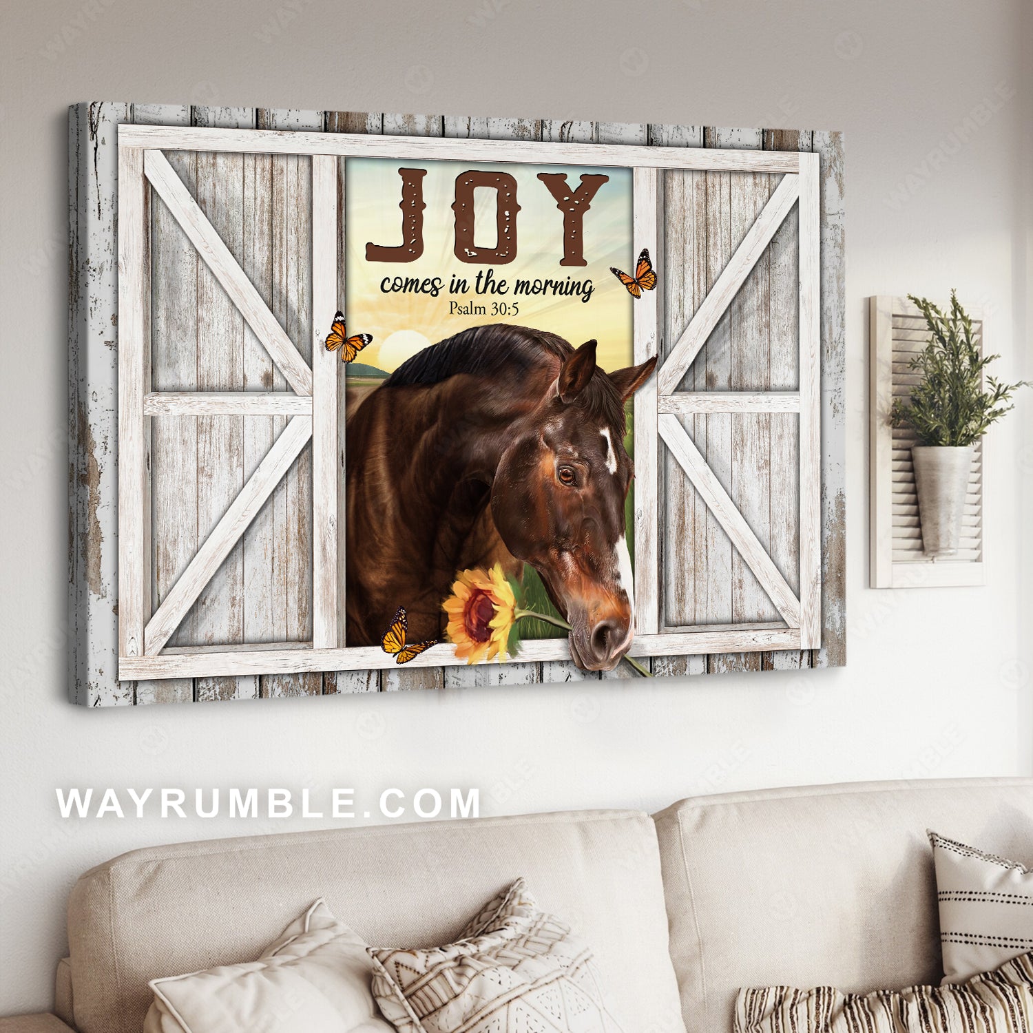 Brown horse, Sunflower drawing, Monarch butterfly, Joy comes in the morning - Jesus Landscape Canvas Prints, Christian Wall Art