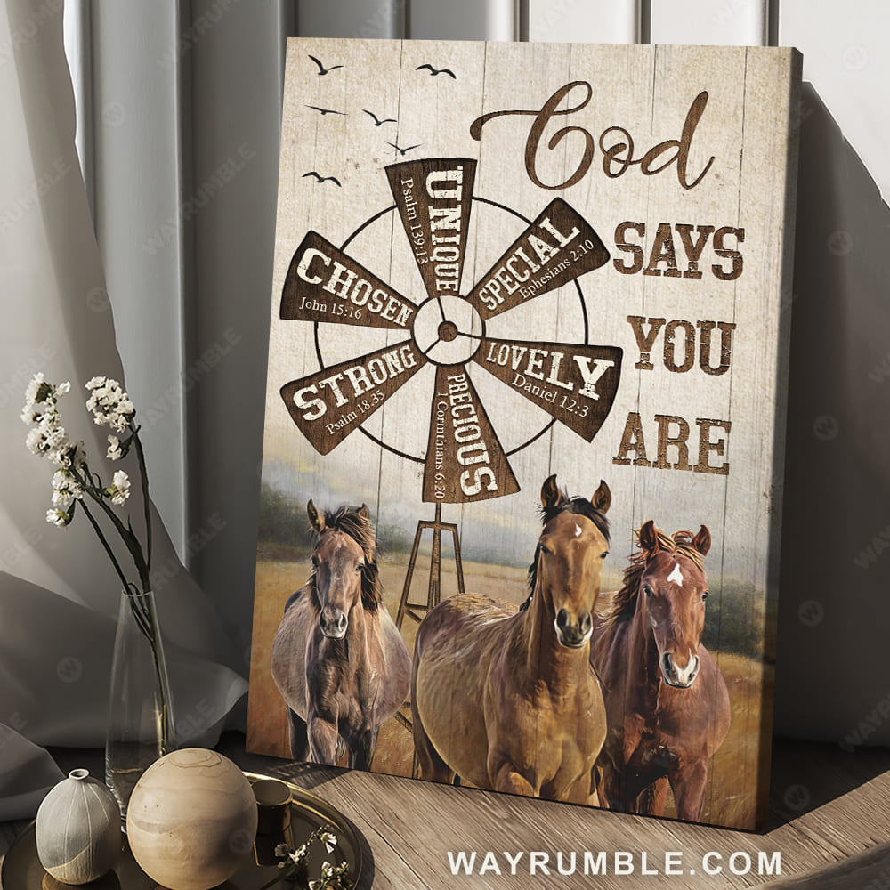 Windmill drawing, Running horse, Meadow land, God says you are unique - Jesus Portrait Canvas Prints, Christian Wall Art