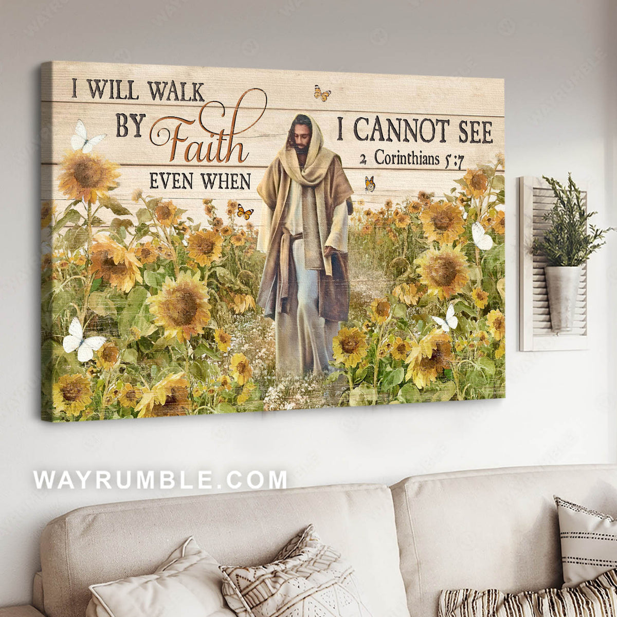 Jesus walking, Sunflower field, I will walk by faith - Jesus Landscape Canvas Prints, Christian Wall Art