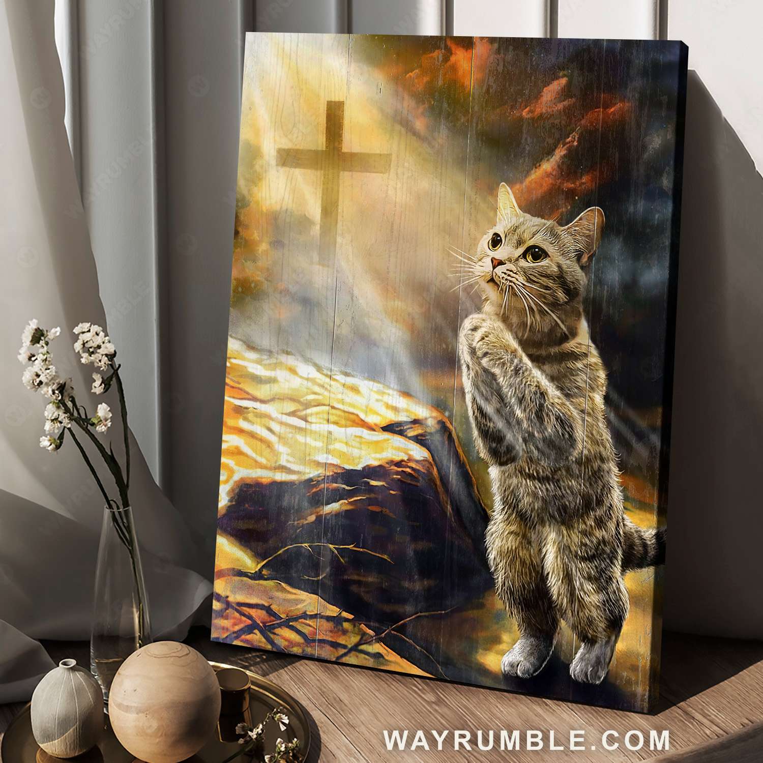 Pray for Jesus, Grey tabby cat, Heaven light - Jesus Portrait Canvas Prints, Christian Wall Art