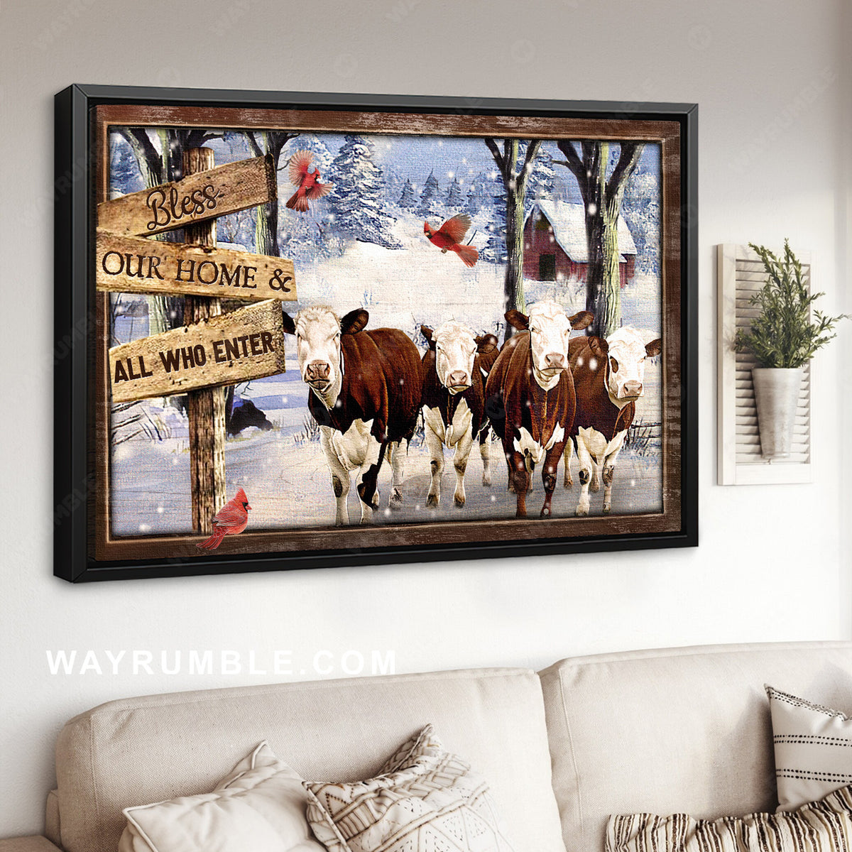 Dairy cow painting, Winter forest, Cardinal, Bless our home and all who enter - Jesus Landscape Canvas Prints, Home Decor Wall Art