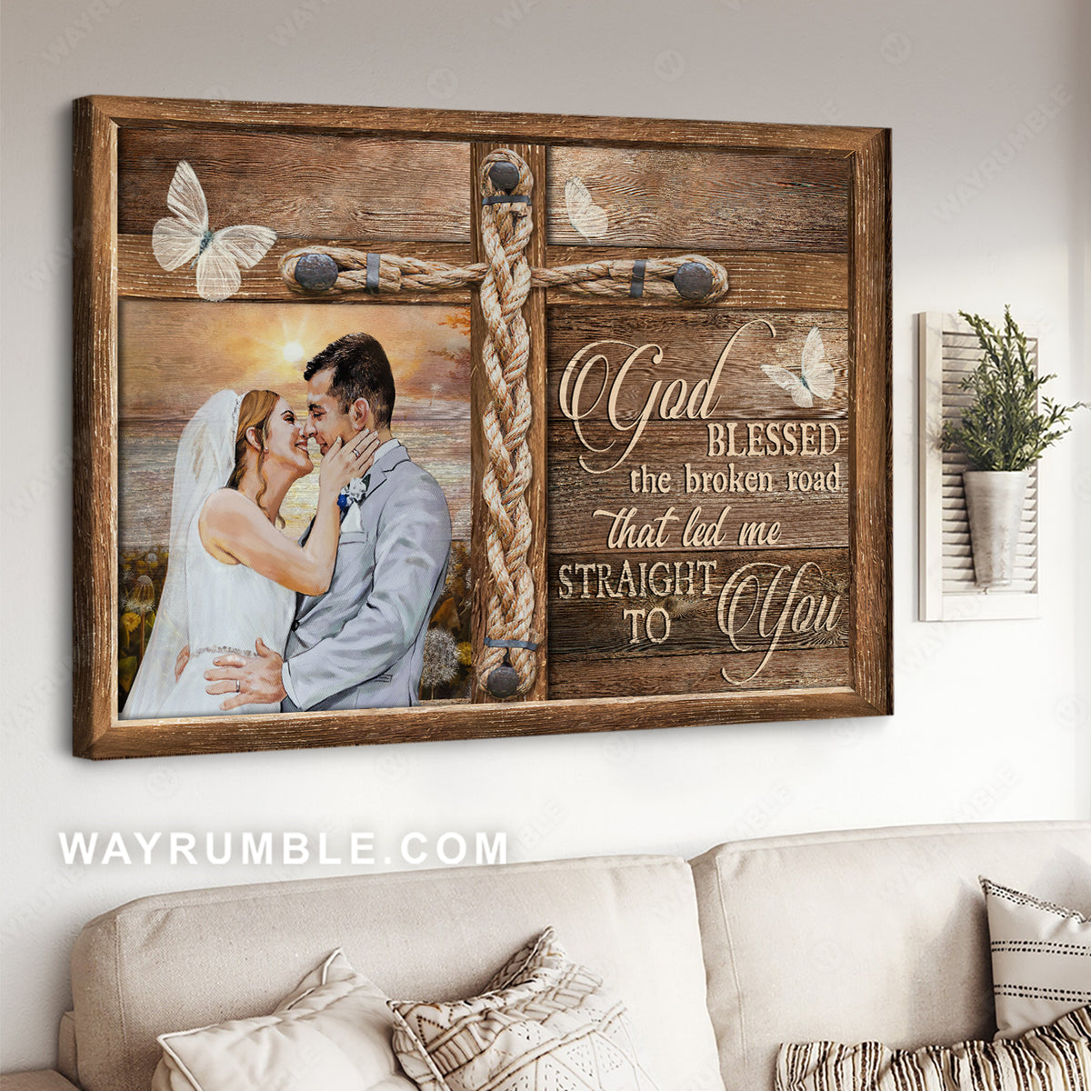 Just married, Pretty sunset, Unique cross, God blessed the broken road - Jesus Landscape Canvas Prints, Christian Wall Art