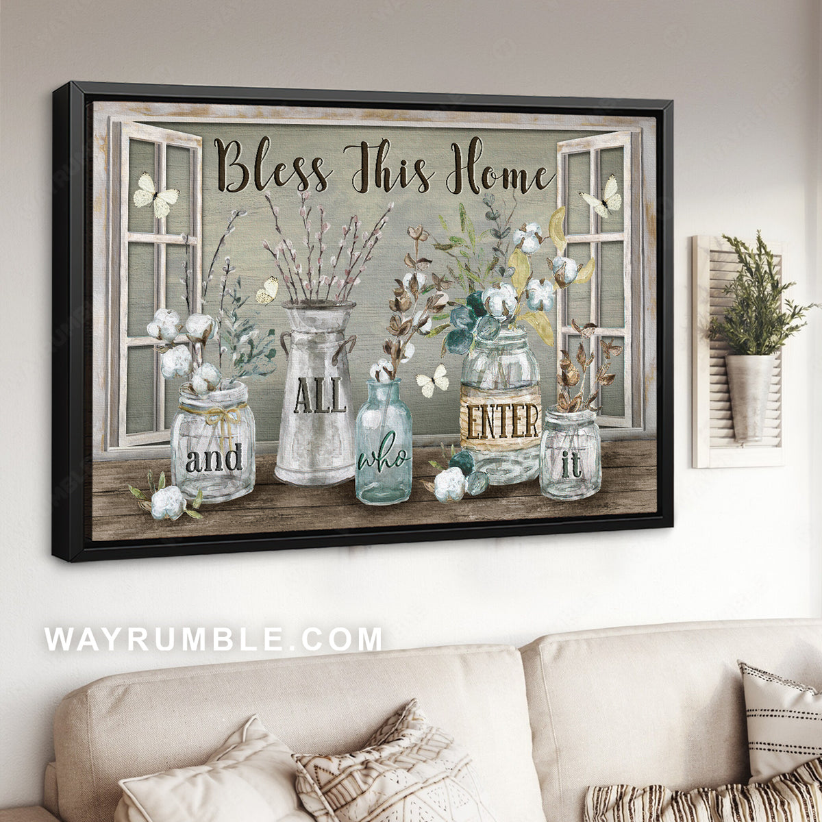 Pretty cotton flower, Crystal vase, White butterfly, Bless this home - Jesus Landscape Canvas Prints, Christian Wall Art