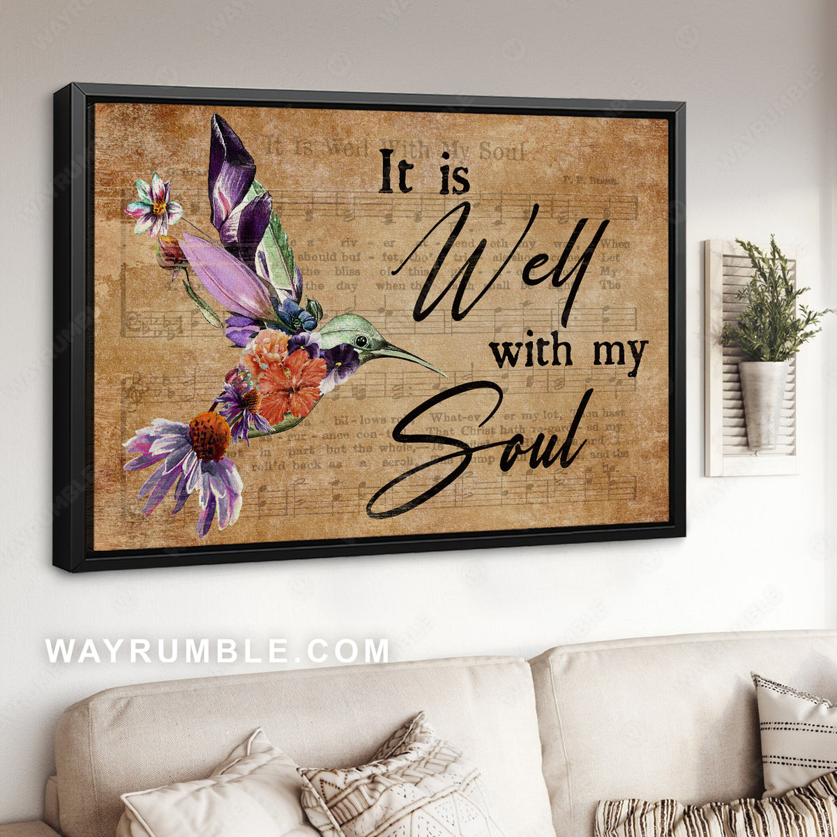 Unique hummingbird, Flower painting, Music sheet, It is well with my soul - Jesus Landscape Canvas Prints, Christian Wall Art