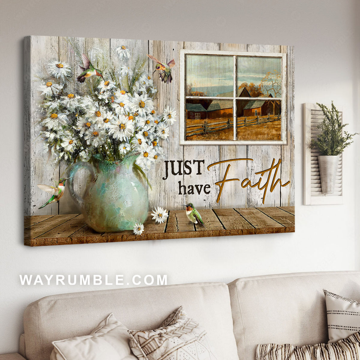 White daisy, Ceramic vase, Farm life, Just have faith - Jesus Landscape Canvas Prints, Christian Wall Art