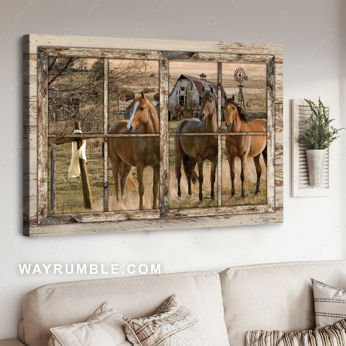 Antique window, Quarter horse, Peace farm, Wooden cross symbol - Jesus Landscape Canvas Prints, Home Decor Wall Art
