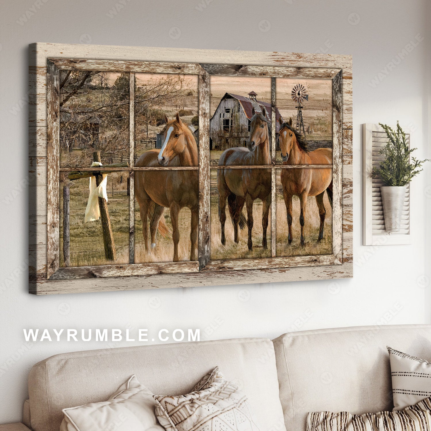 Antique window, Quarter horse, Peace farm, Wooden cross symbol - Jesus Landscape Canvas Prints, Home Decor Wall Art