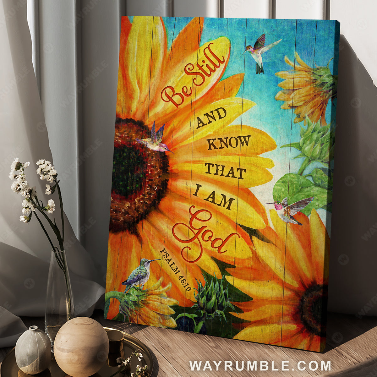 Sunflower drawing, Hummingbird, Blue sky, Be still and know that I am God - Jesus Portrait Canvas Prints, Christian Wall Art