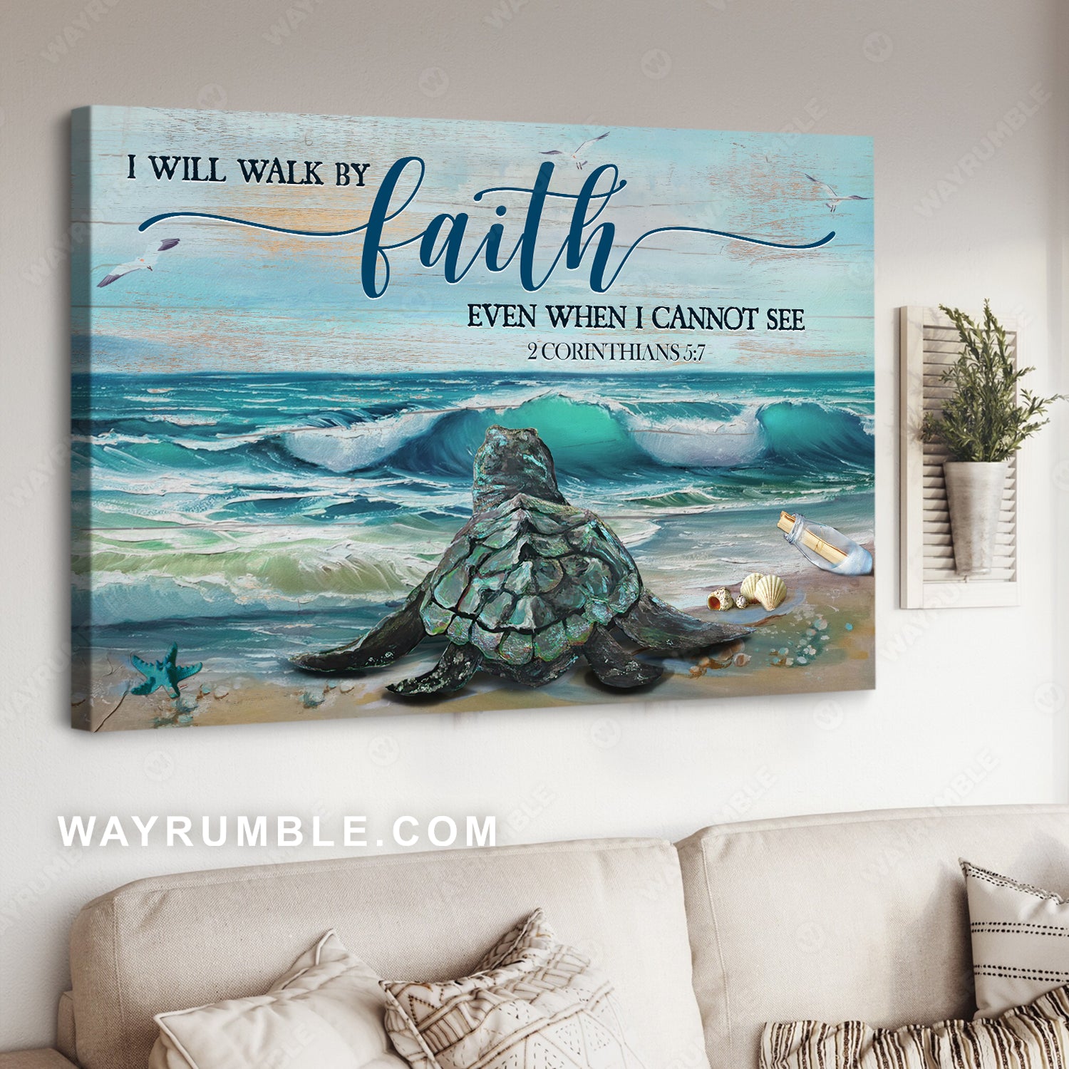 Big sea turtle, Blue ocean drawing, Seagull, I will walk by faith even when I cannot see - Jesus Landscape Canvas Prints, Christian Wall Art