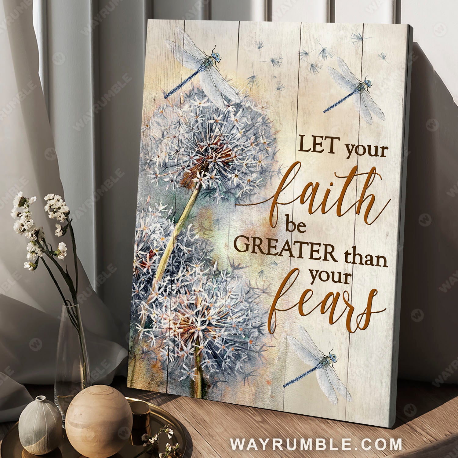 Dandelion painting, Blue dragonfly, Let your faith be greater than your fear - Jesus Portrait Canvas Prints, Christian Wall Art