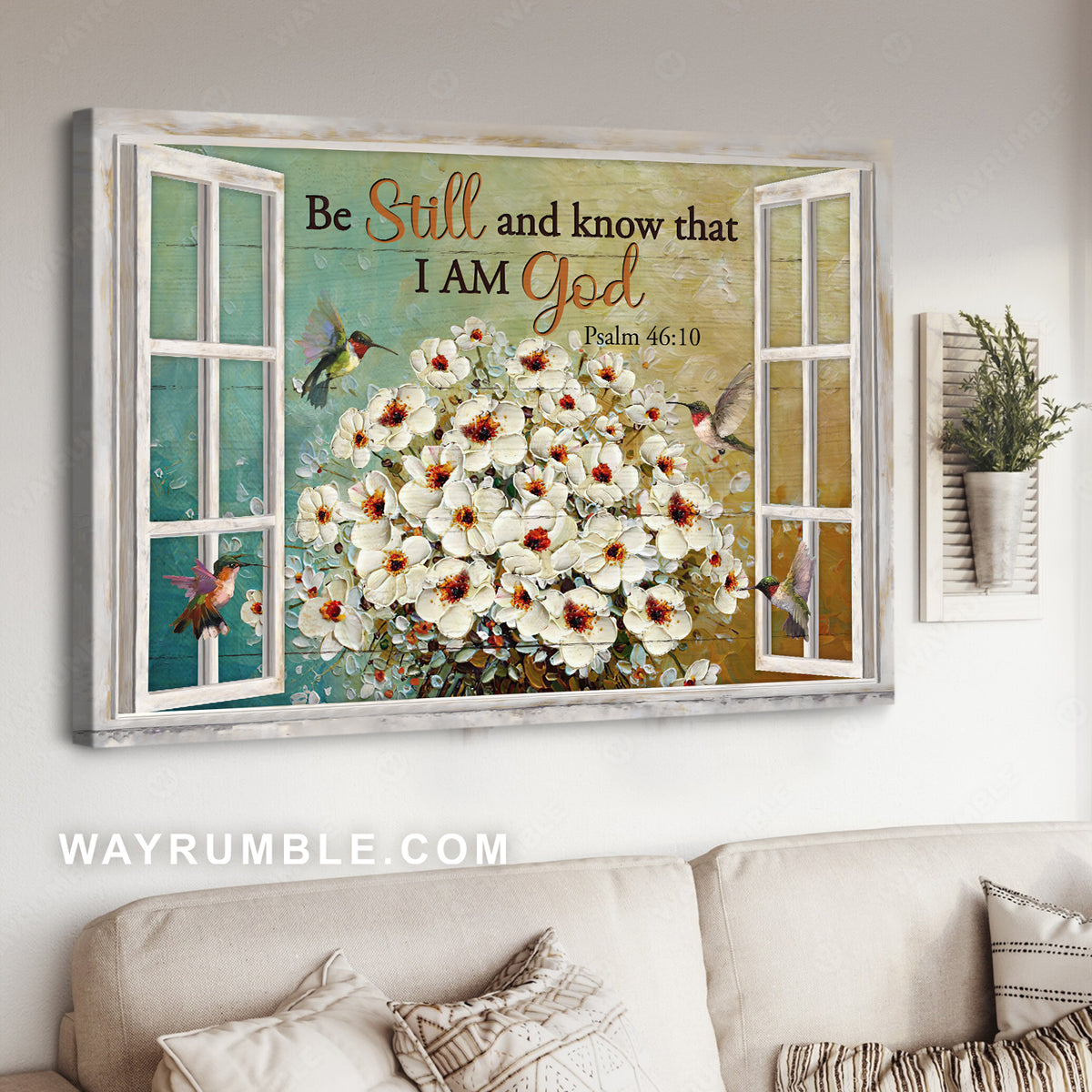 White flower, Japanese anemone, Flying hummingbirds, Be still I am God - Jesus Landscape Canvas Prints, Christian Wall Art
