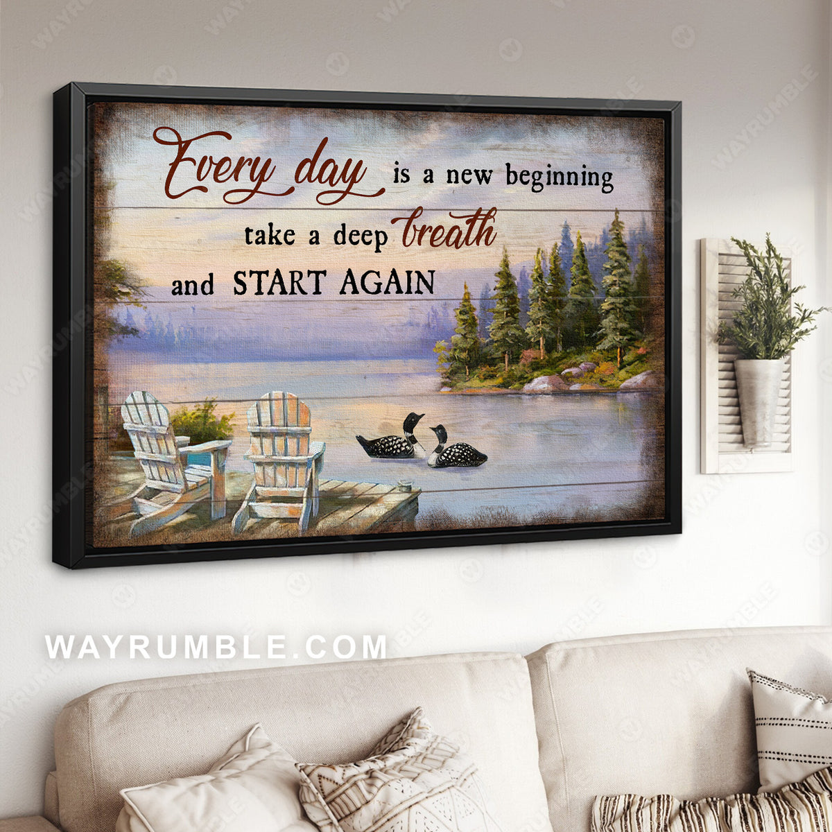 Black Swan, On the river, Lake view painting, Everyday is a new beginning - Jesus Landscape Canvas Prints, Christian Wall Art
